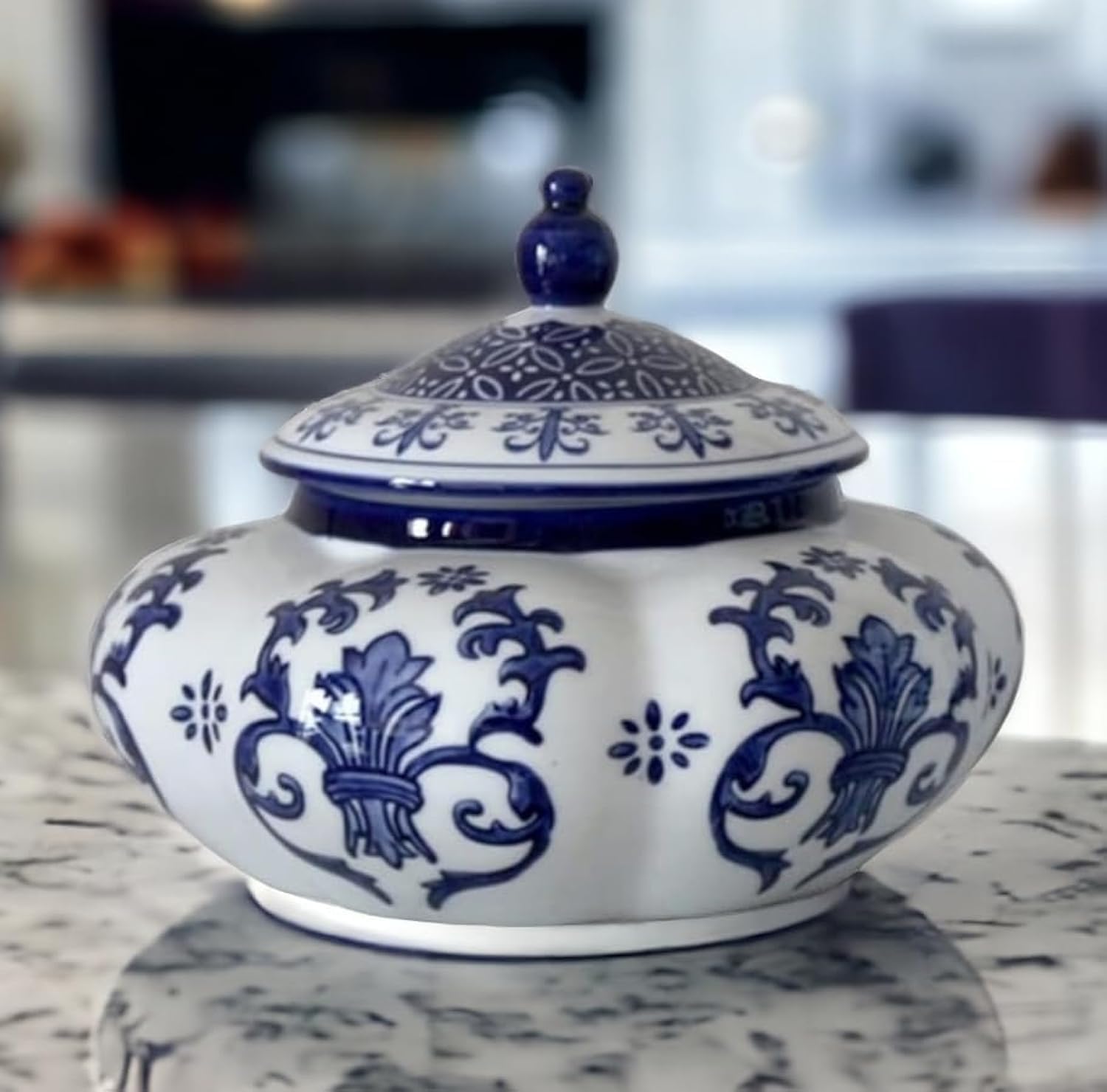 Festcool Blue and White Ceramic Porcelain Pumpkin Shape Ginger Jar Vase, Sugar Canister, Sugar Container, Tea Container, Hand-crafted Jingdezhen, Decor, Gift for Thanksgiving Decoration