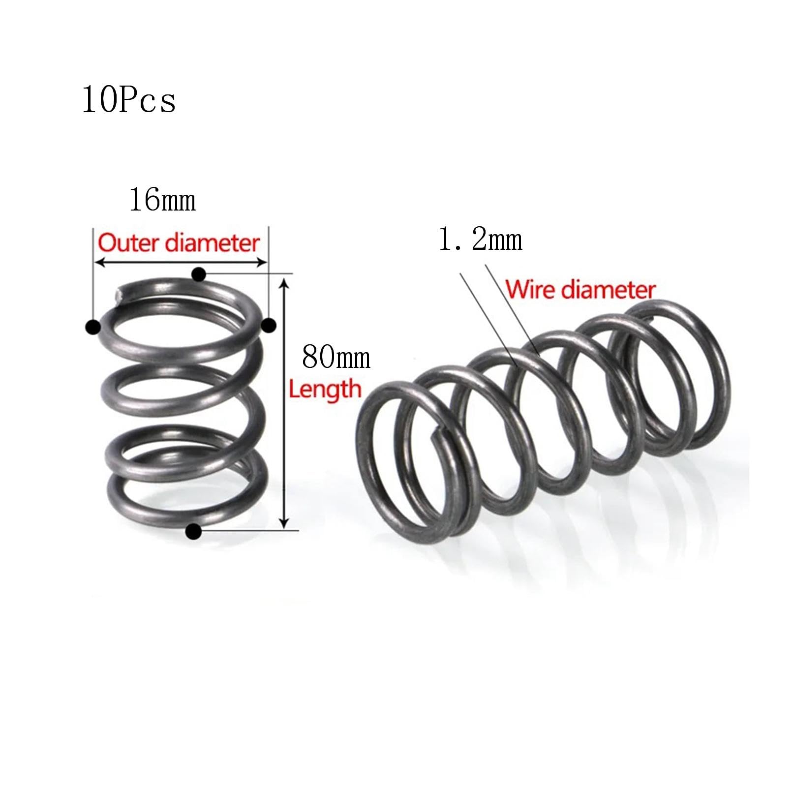 Sprężyny śrubowe ściskowe, 10 szt. stali sprężynowej, średnica zewnętrzna 16 mm, drutu 1(1.2 x 16 x 80mm)