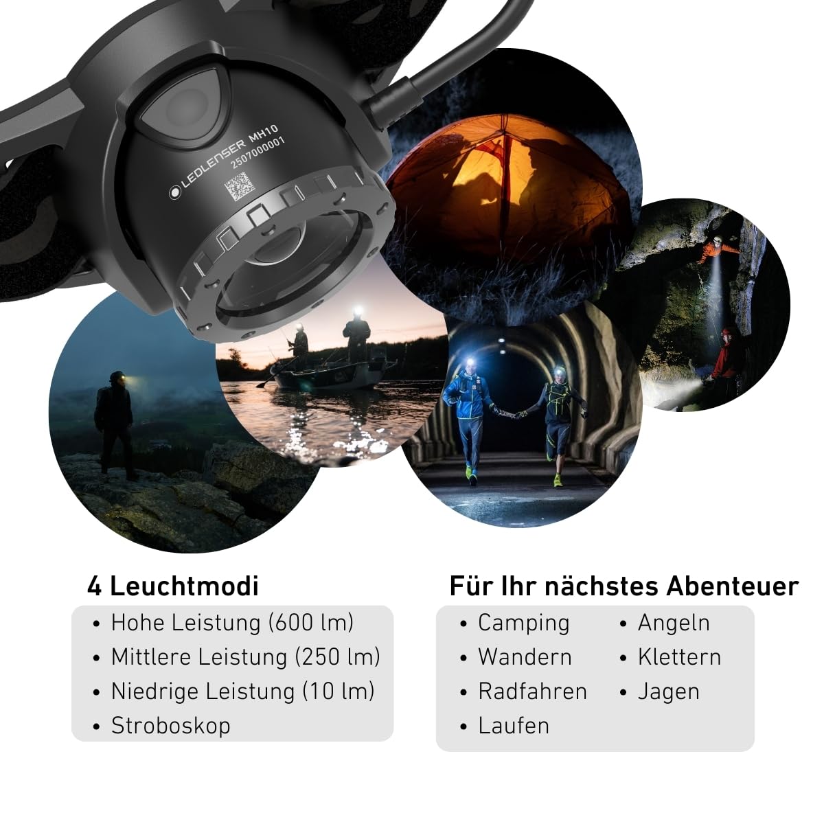 Ledlenser MH10 SE Akku-LED-Stirnlampe, 600lm, 150m Leuchtweite, IP54, 158g | Fokussierbar, bis zu 120h Leuchtdauer, rotes Rücklicht, inkl. Farbfilter & Gürteltasche, ideal für Camping, Angeln & Wandern