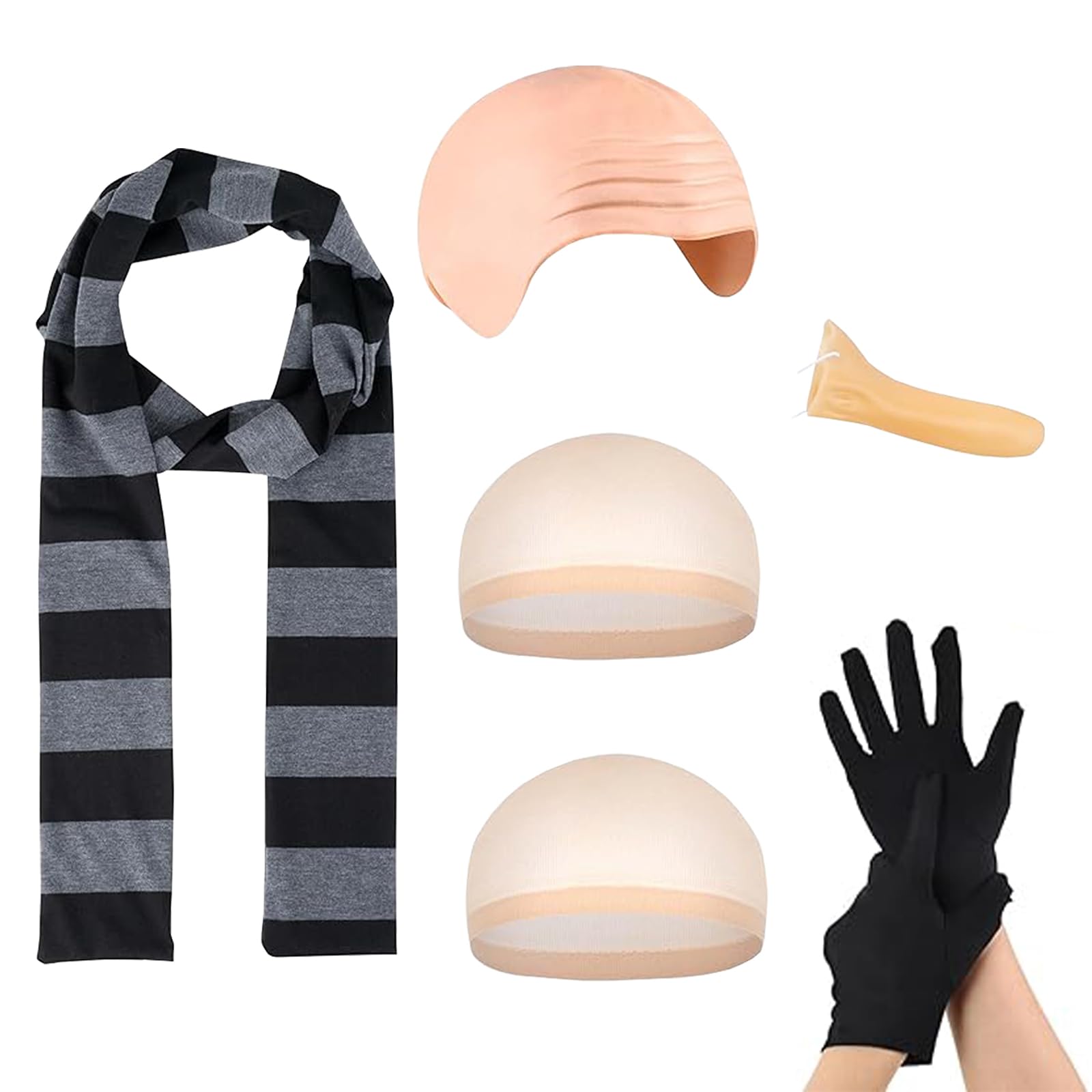 WKPBJX Bald Cap, Gru Costume, Halloween Costume Accessories Scarf False Scalp Bald Cap Long Nose Hair Nets Gloves