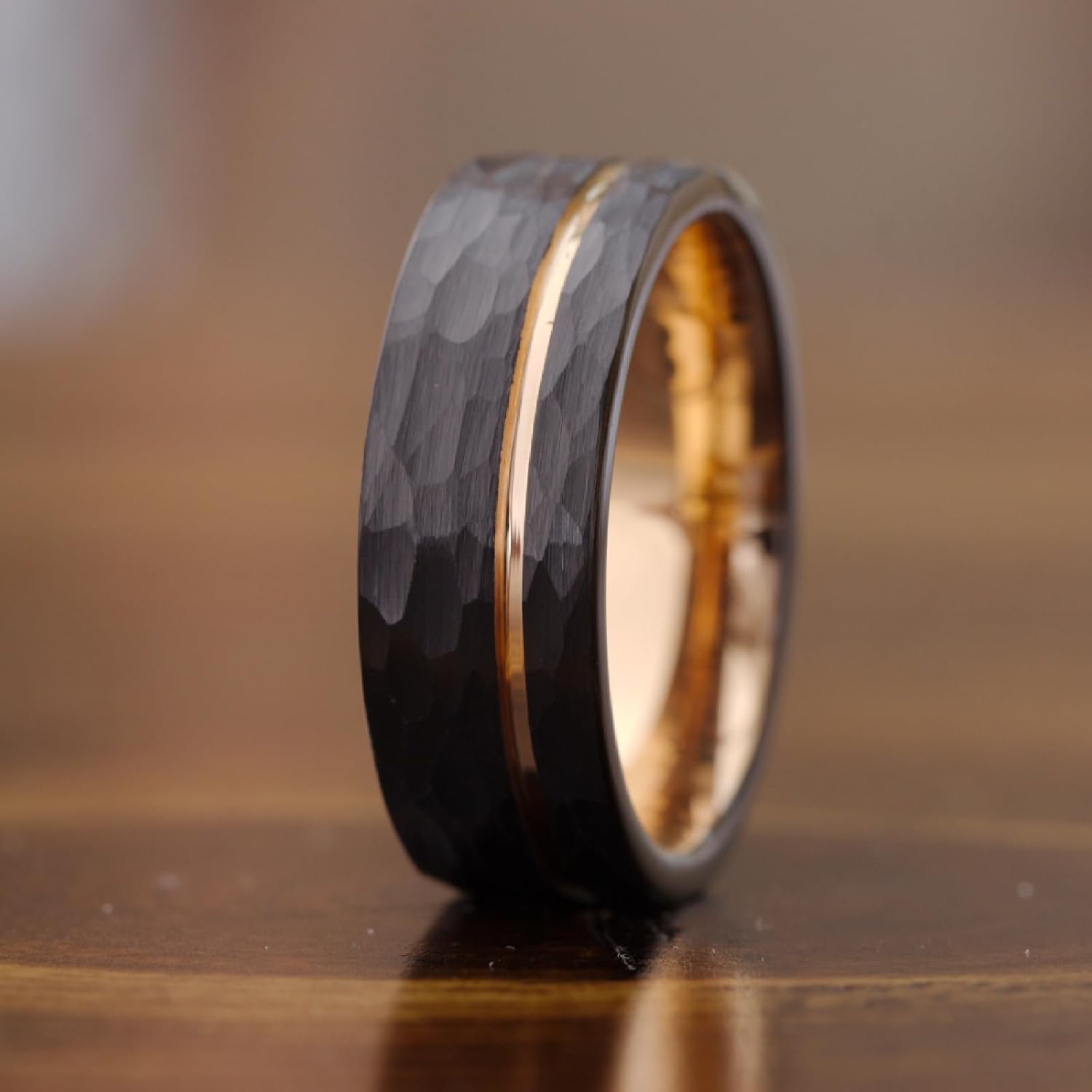 Gentlemen's Bands Premium Hammered Black Tungsten Wedding Band With Thin Rose Gold Strip | Wedding band is ideal Gift | Package Includes Silicon Band, Walnut Ring Box, Leather pouch