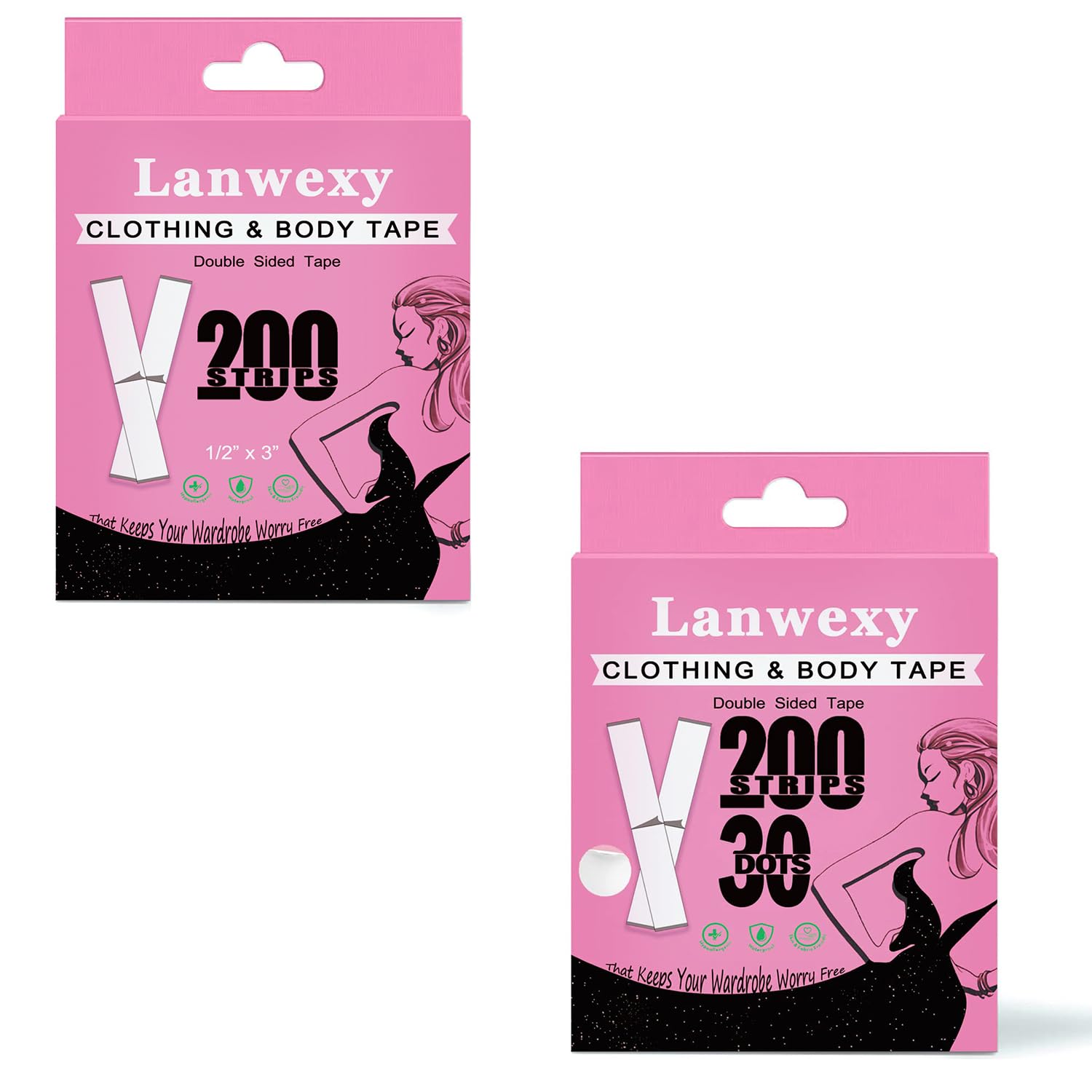 Lanwexy Double Sided Tape for Clothes (200 Strips) & (200 Strips & 30 Dots)