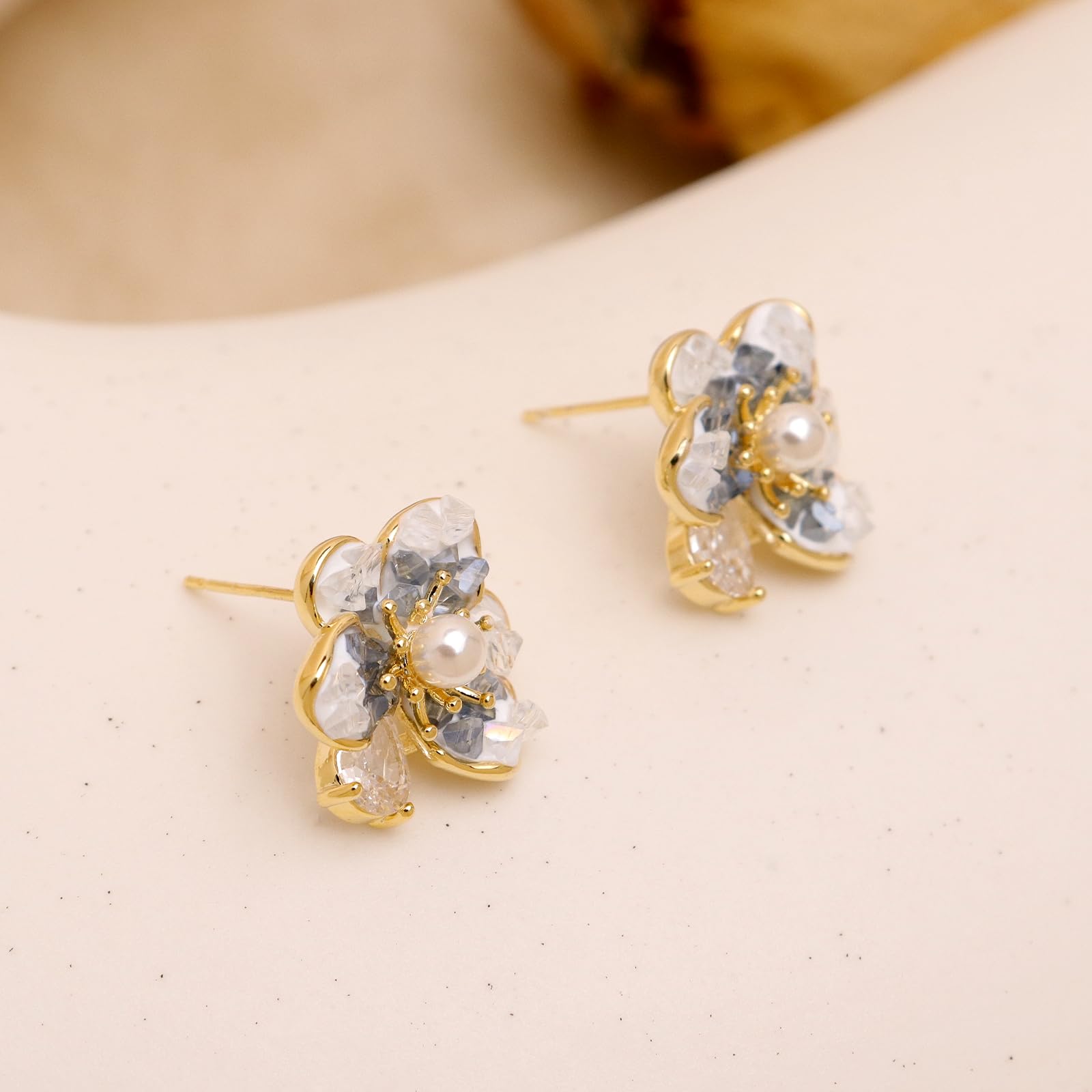 Jean Beau Pearl Flower Leaf Stud Earrings for Women Statement Cluster CZ Pearls Earring Gold Plated Sterling Silver Wedding Prom Birthday Fashion Jewelry Gift