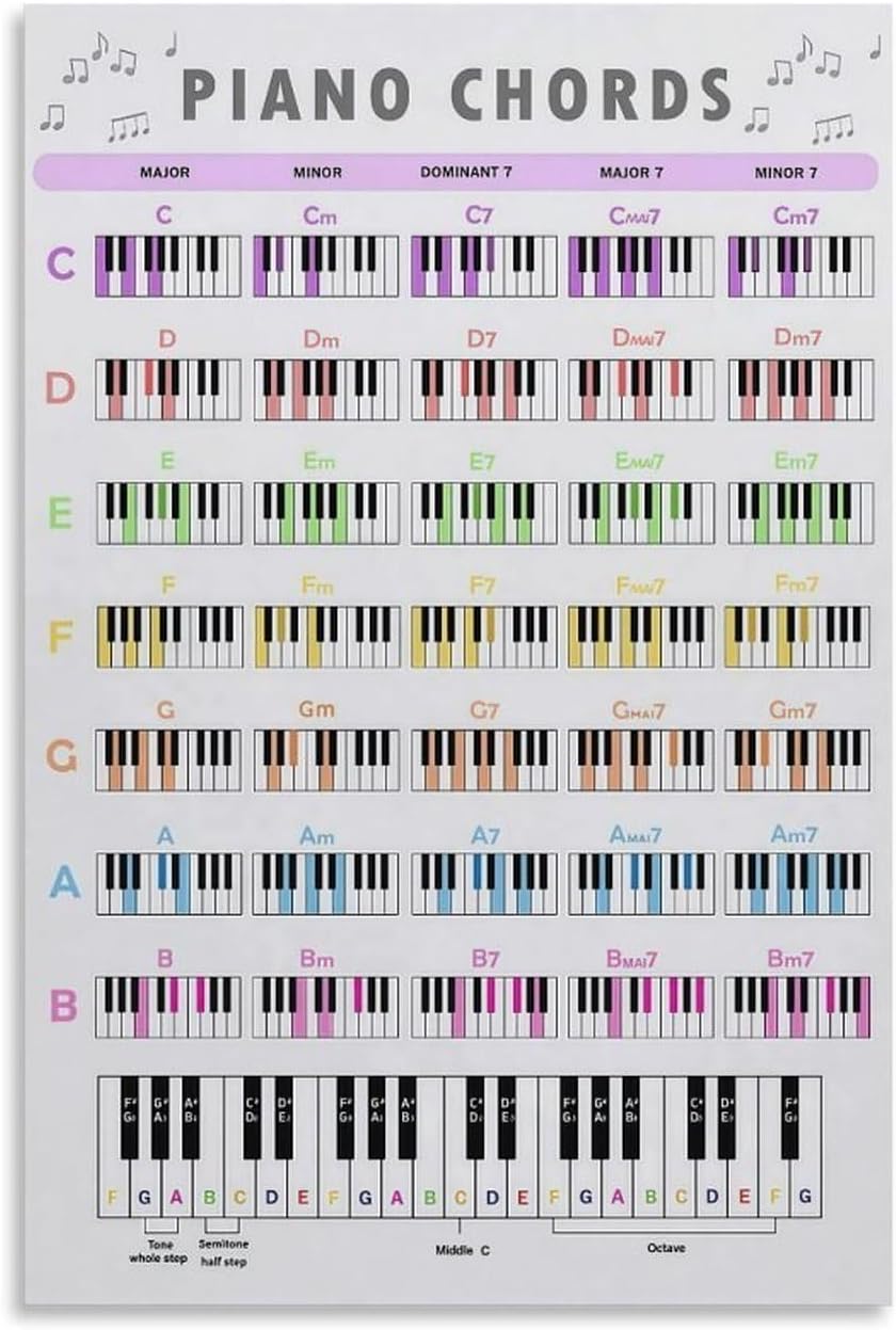 Piano Chord Scale Chart Poster of Essential Chords Music Notes Posterstyle Wall Art Canvas Print Office Bedroom Living Room Decor 12x18inch(30x45cm) Unframe-style