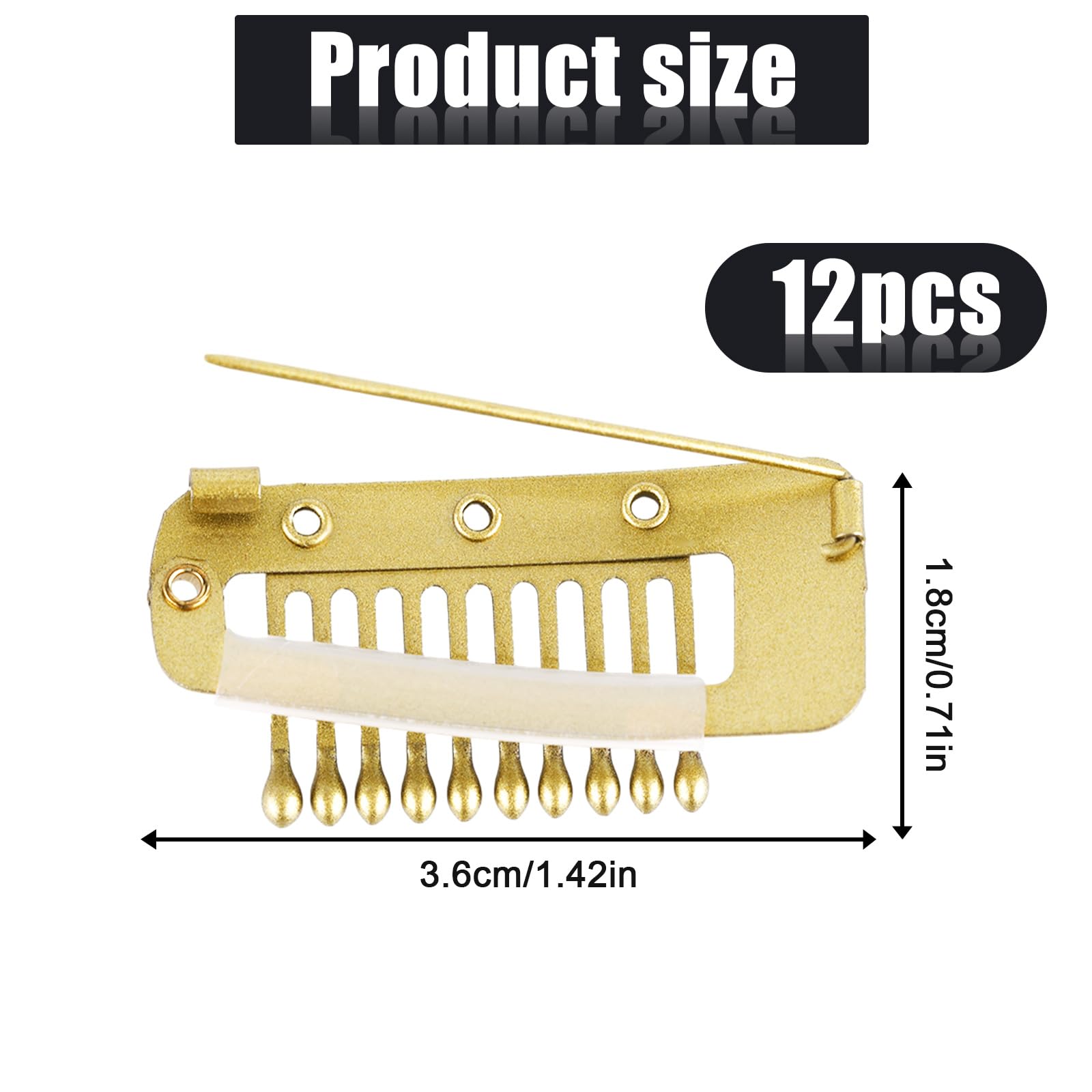 12pcs Gold Wig Clip with Safety Pins, 10-Teeth Hair Extension Snap Clips for Strong Grip, No Sew Chunni Dupatta Headscarf - Image 2
