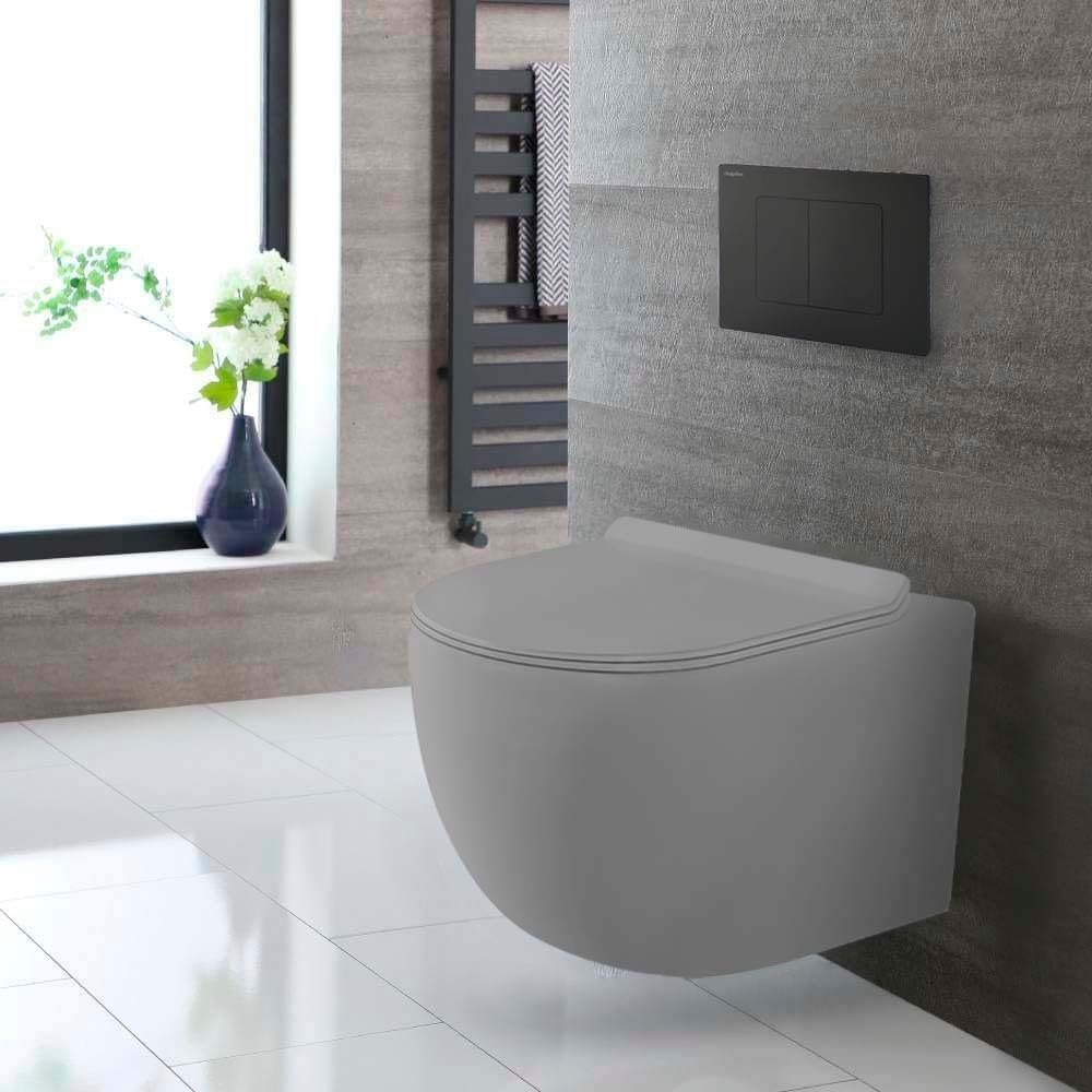 Inodoro suspendido completo - Cerámica - Sin bridas - Gris mate - Soft-close - Cisterna empotrada CHRONO - Pulsador negro CROMO - Tapa extra fina - Diseño elegante y moderno