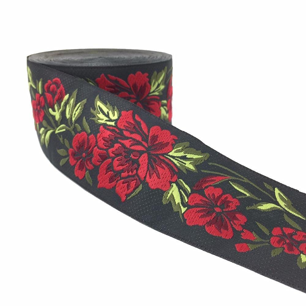 Ribbons For Gift Wrapping Ribbon For Fabric Satin Ribbons Róża Wysokiej Jakości Tkane Wstążka Żakardowa Czarne Tło Czerwony I Zielony Kwiat Wzór 5 Cm 10 Jardów Na Część Etniczna Koronkowa Wstążka-50Mm
