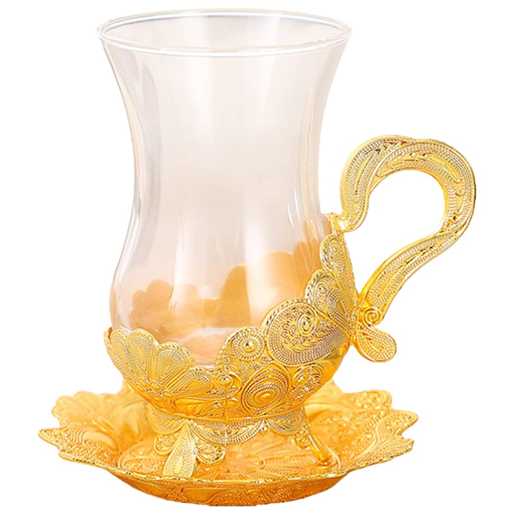 Transparentes Kaffeebecher-Set mit Untertasse, europäischer Stil, Tasse und Untertasse, Teetasse aus Glas, ausgefallene Teetassen für Teeliebhaber, Teetassen für Frauen, 100 ml, goldfarbene