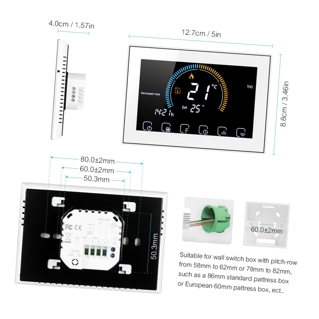 Operitacx Thermostate Für Heizung Smart Intelligenter Temperaturregler Für Zuhause Farb-LCD Mit Touchscreen Passend Kassetten Euro-runddosen Wandhöhe