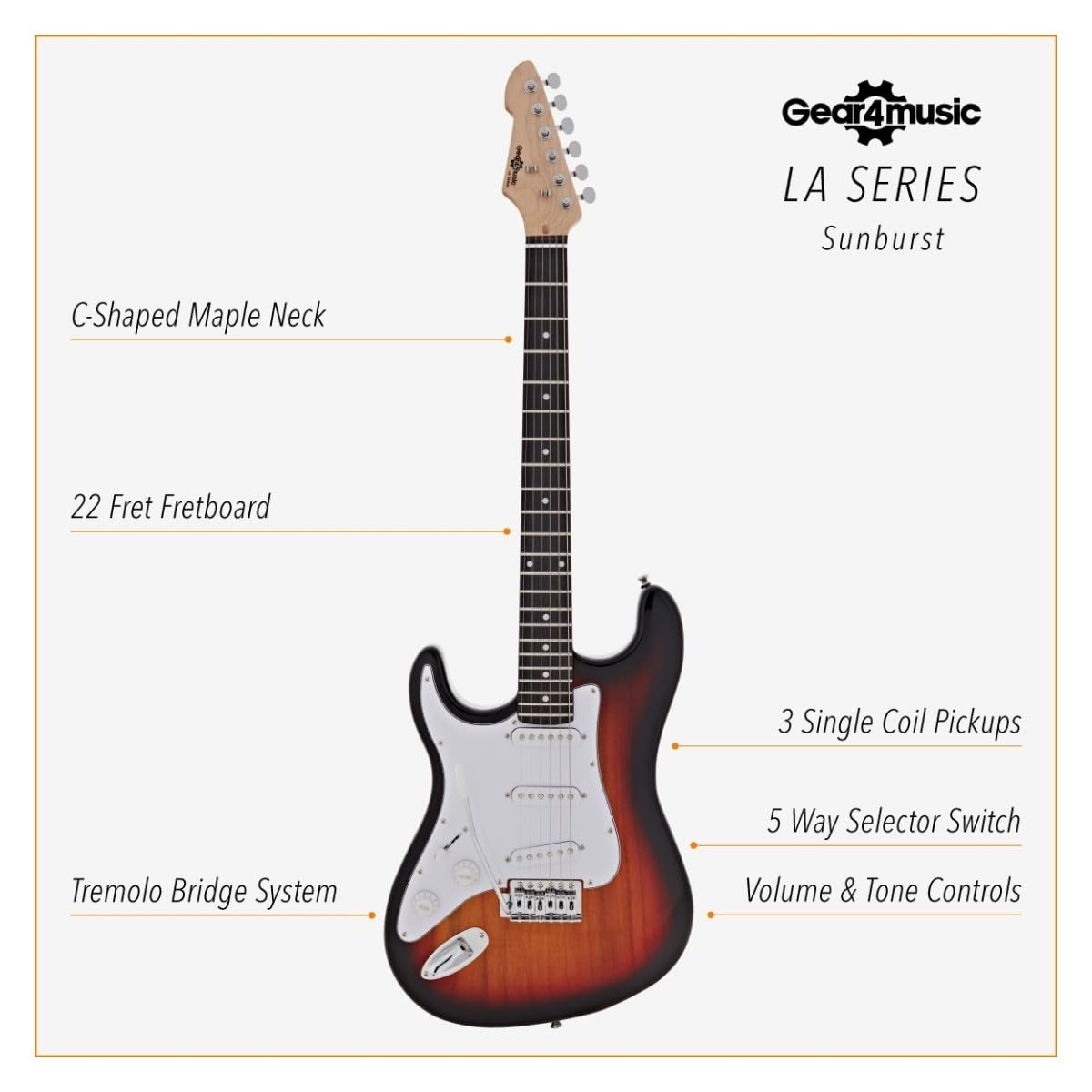 Chitarra Elettrica LA per Mancini + Pacchetto con Amplificatore Sunburst | Corpo Leggero e Comodo per Mancini Principianti, Ampli Portatile con EQ 2 Bande, Corde e Accordatore Inclusi