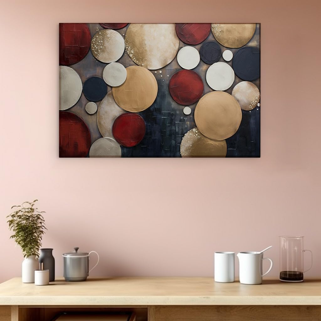 Canvas for Living room. Entwined Spheres: Exploring the Mesmerizing Network of Red, Gold, and Black Circles in Abstract Art, 27 x 18 inch Canvas Wall Art - Ready to Hang - 69x46 cm (27x18 inch)