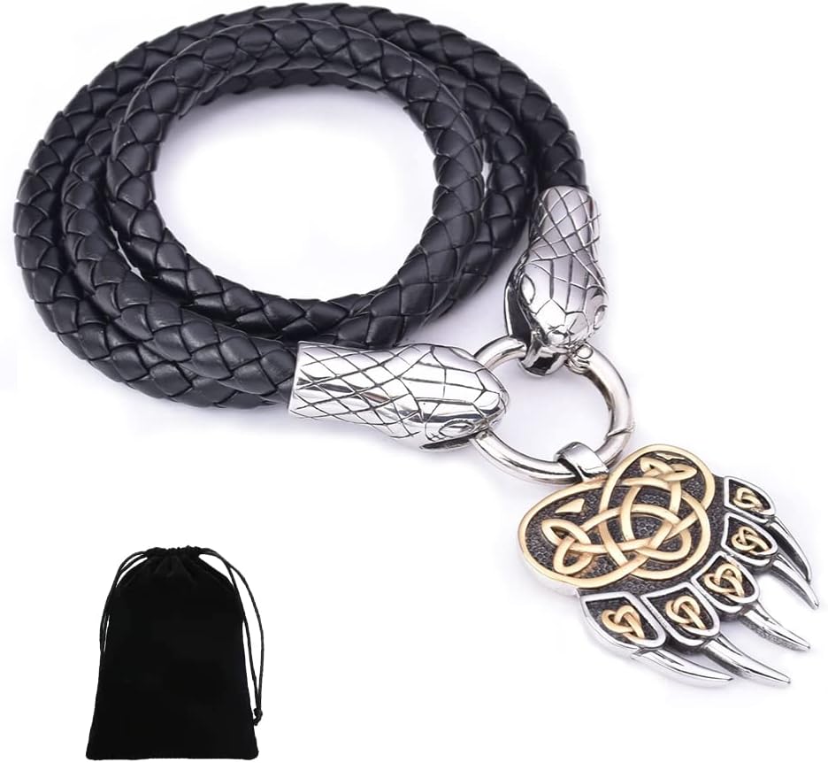 Men's Jewelry Viking Odin Celtic Knot Bear Claw Wolf Head Pendant Necklace, Norse Myth Hand Braided 6Mm Leather Chain,Gold,60cm