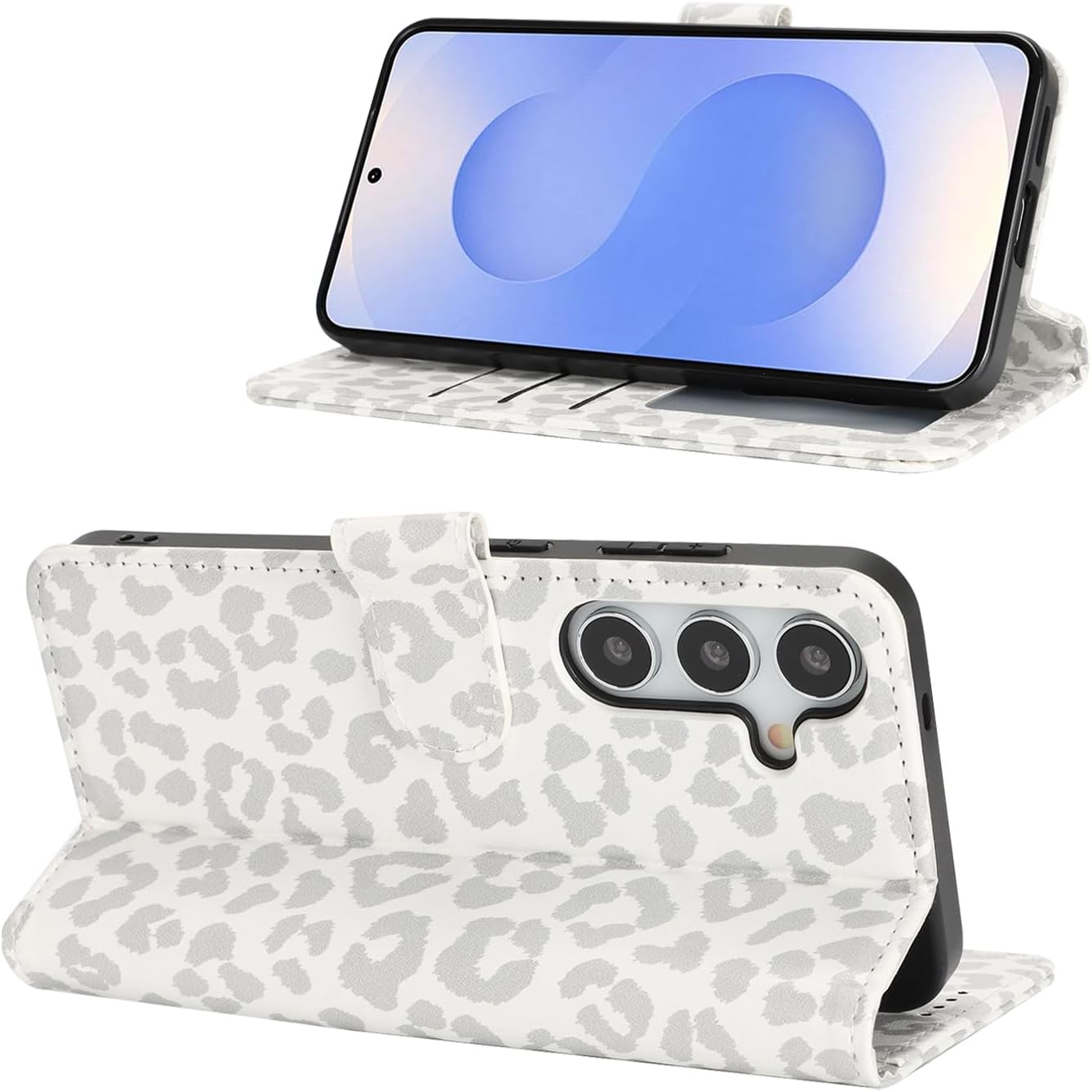 for Samsung Galaxy S25 Case Wallet with Card Holder,Galaxy S25 Wallet Case for Men Women,PU Leather Magnetic Clasp Stand Flip Phone Case Cover-White Leopard - Image 3