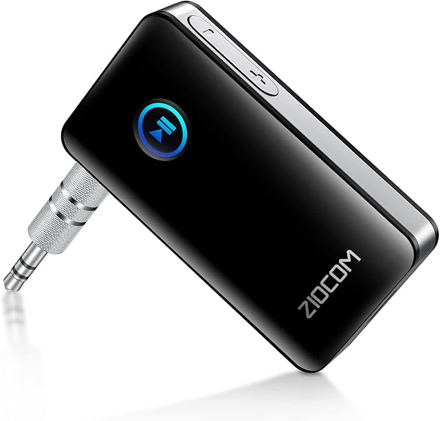 Bluetooth Car Adapter, ZIOCOM Bluetooth 5.0 Music Receiver for Car/Home Stereo System/Wired Headphones, Bluetooth AUX Adapter with Built-in Battery, Hands-Free Calls, Dual Device Connection