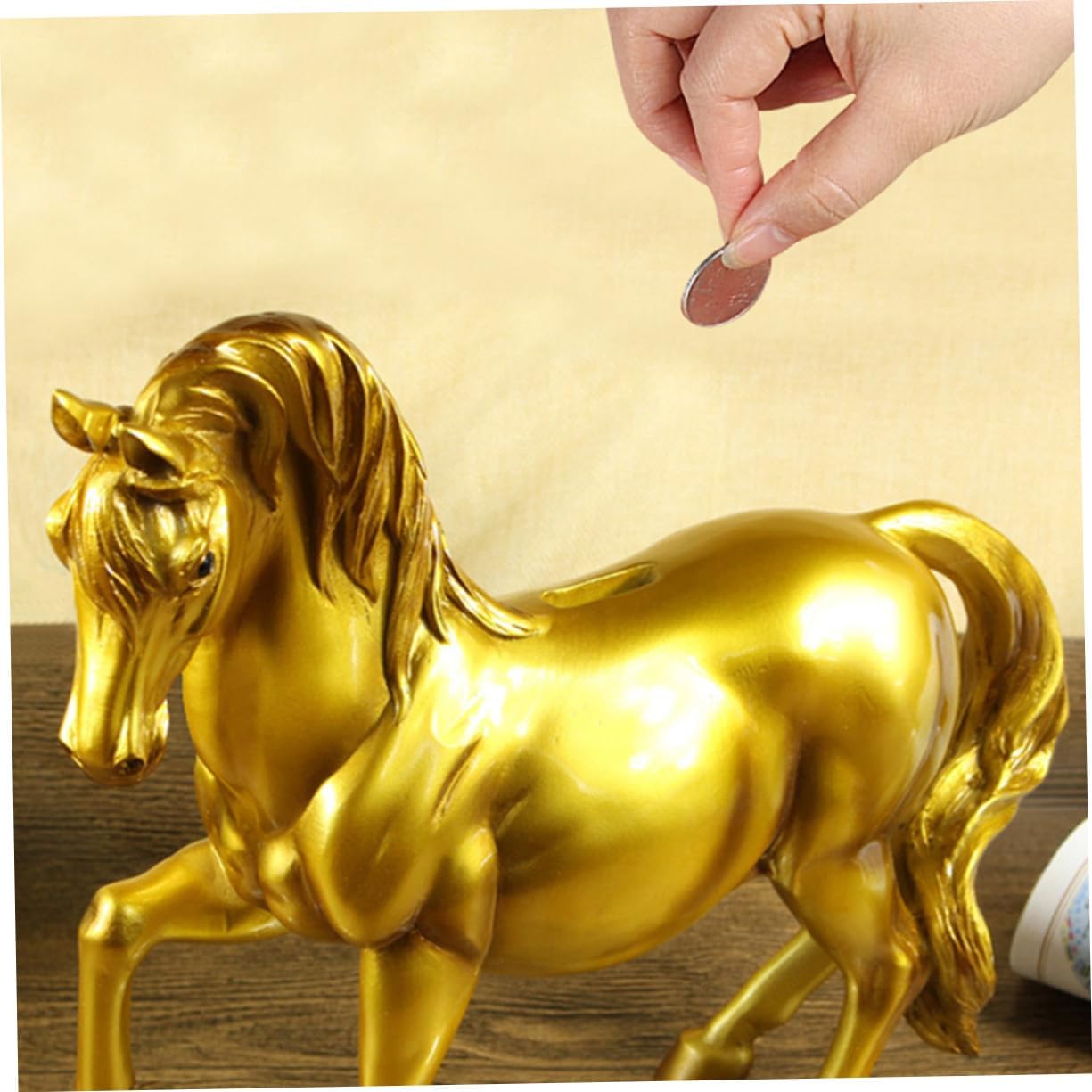 Creative Horse Shape Coin Storage Jar for Artistic Resin Money Bank Large Capacity Saving Pot Birthday Gift for Boys and Smooth Golden Decorative Figurine