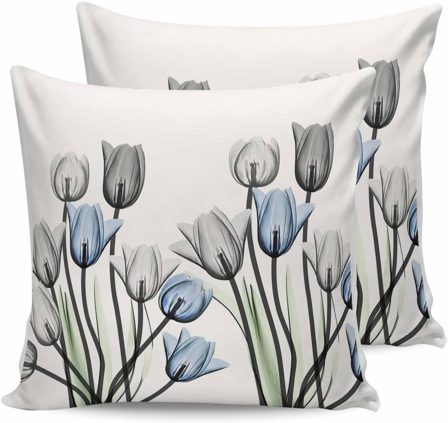 Vandarllin Outdoor Throw Pillows Covers 20X20 Set of 2 Waterproof Gray Blue Tulip Decorative Zippered Lumbar Cushion Covers for Patio Furniture, Spring Summer Flowers Floral