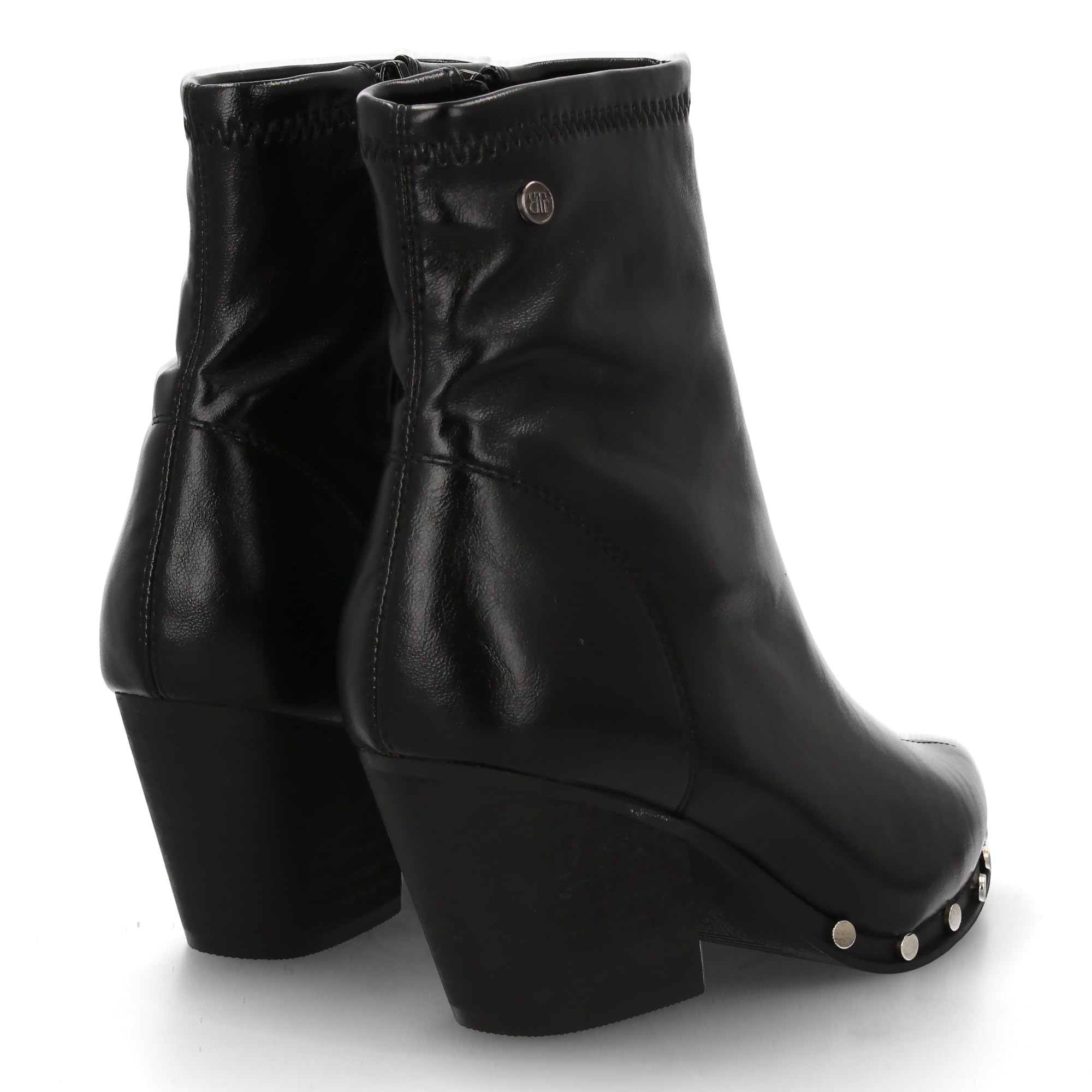 Botin de Mujer con Tacon Cubano, Detalles de Tachuelas, Estilo Moderno Acabado en Pico, Estampado Liso, Cierre Lateral de Cremallera, Ideal Otono Invierno.