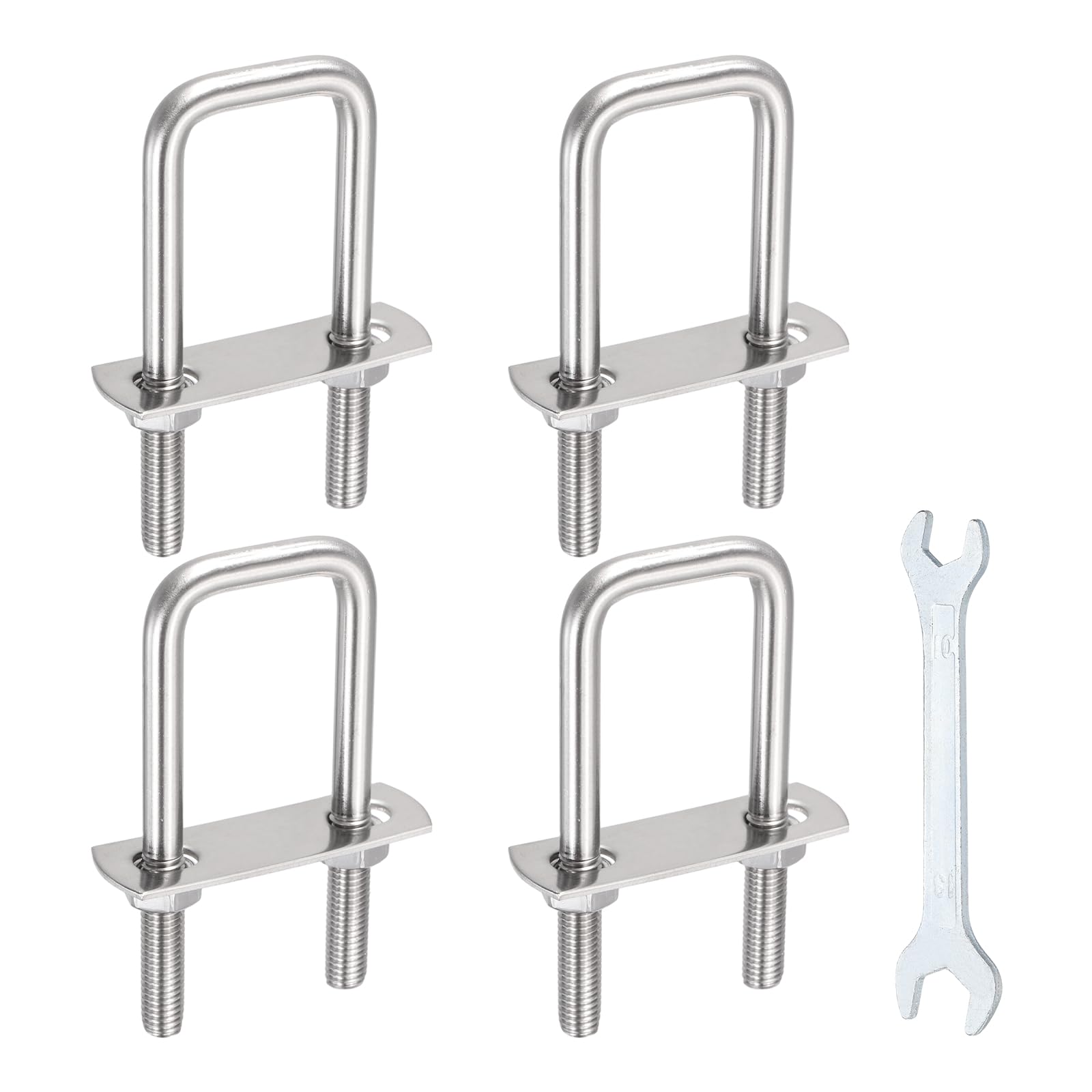 sourcing map 4 Sets M8 Square U-Bolts, 1.22"(31mm) Inner Width 2.4"(60mm) Length 304 Stainless Steel U Clamp Bolts with Nuts, Plates and Wrench for Trailer Ski Boat Fishing Boat