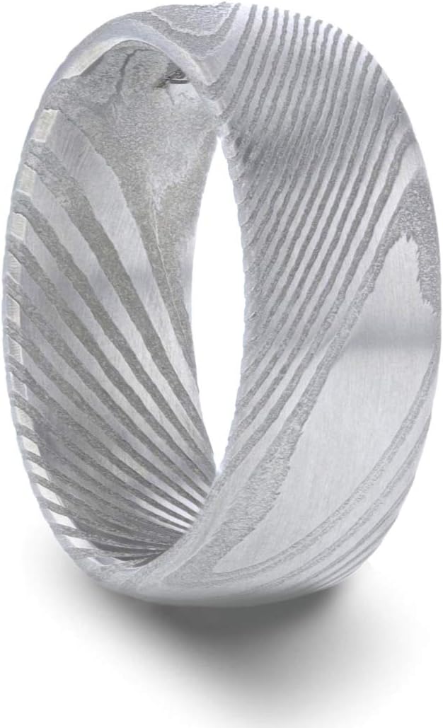 Irvine Men’s Wedding Band Damascus Steel Ring Domed Brushed with A Vivid Etched Design - 6mm - 8mm