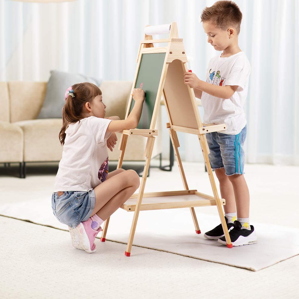 3 in 1 Lavagna per Bambini con Rotolo di Carta, Lavagnas Doppia Faccia Cavalletto Artistico in Legno Cavalletto Pittura in Regolabile Altezza Lavagna Multiattività con Lettere Numeri e Altri accessori