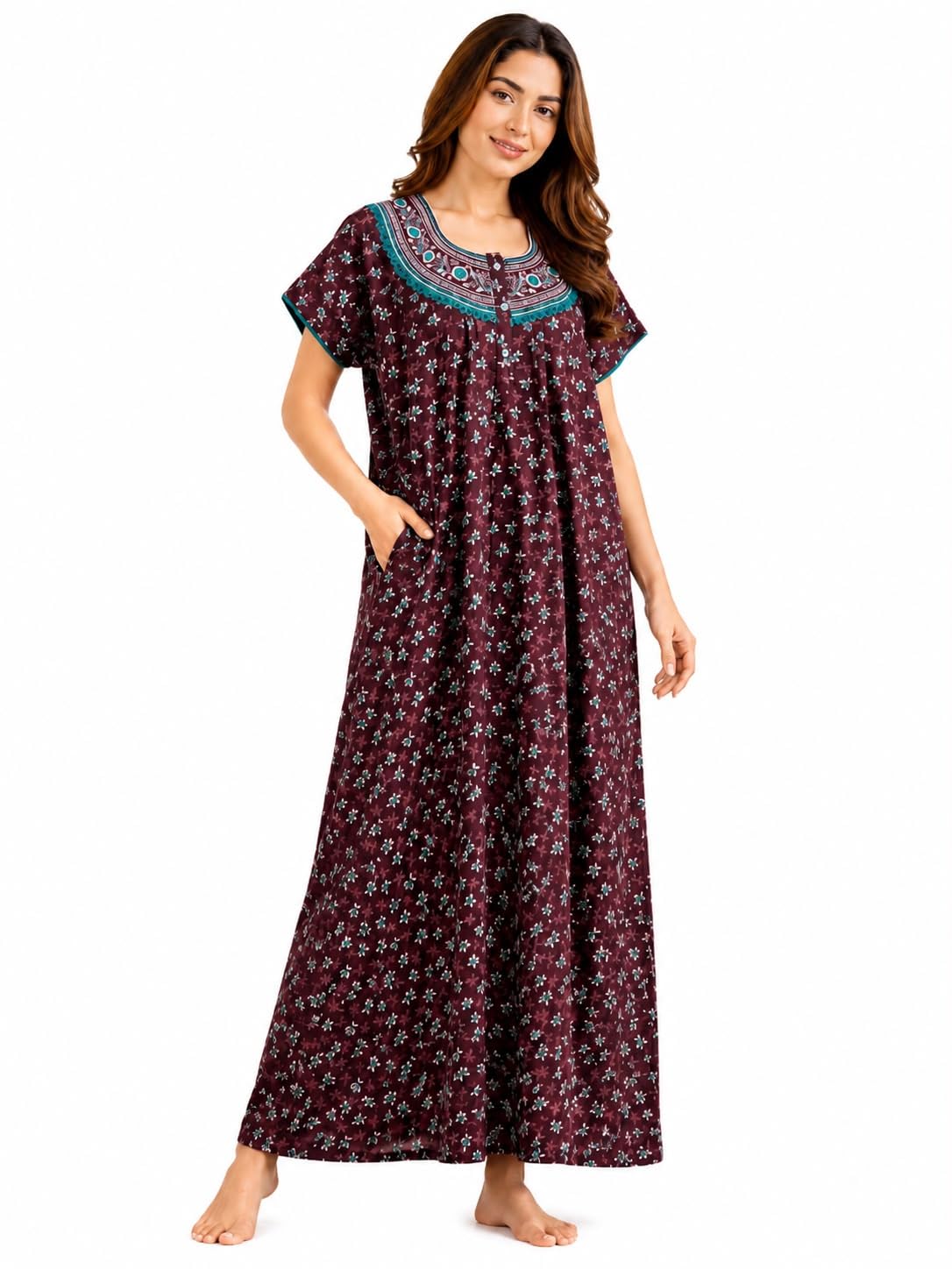 Women’s Premium Alpine Cotton Blend Nighty Floral Printed Long Gown Elegant Embroidered Design Soft Breathable Comfort Fit Sleepwear-picture-41