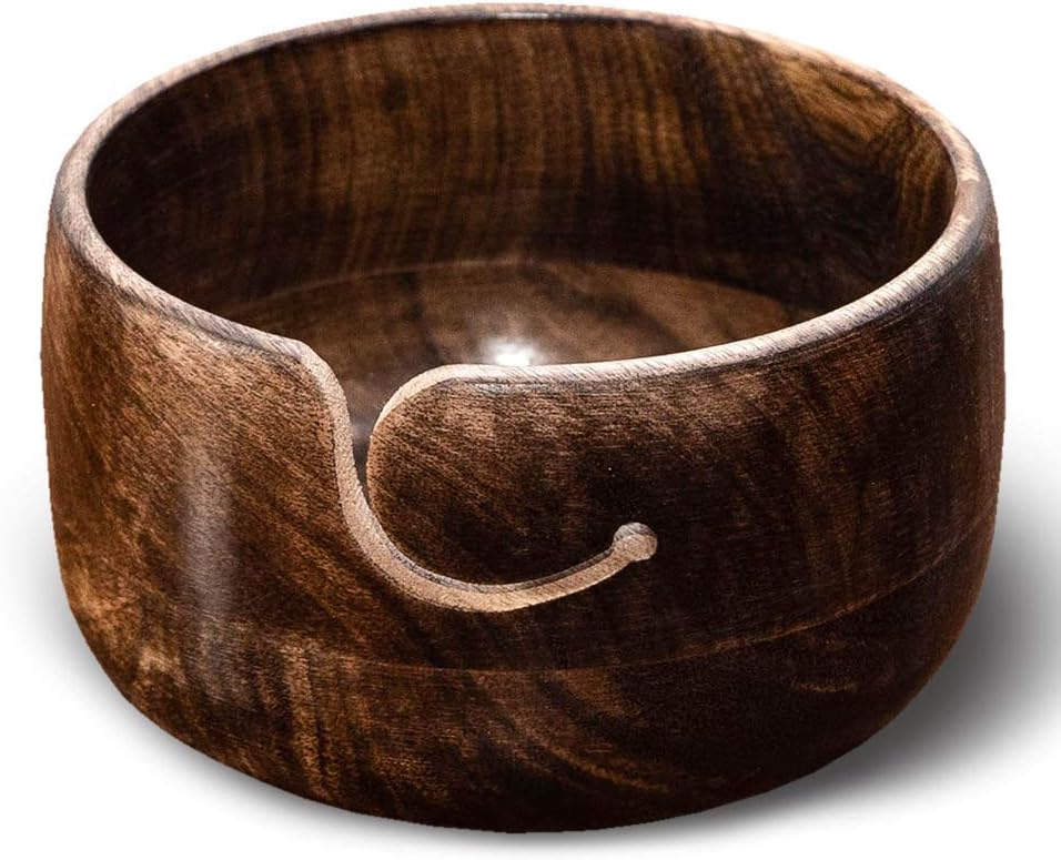 Kaizen Casa Mango Wood Thread Yarn Storage Bowl Holder with Natural Finish Organizer Box for Knitting Crocheting (6" x 6" x 2.5")