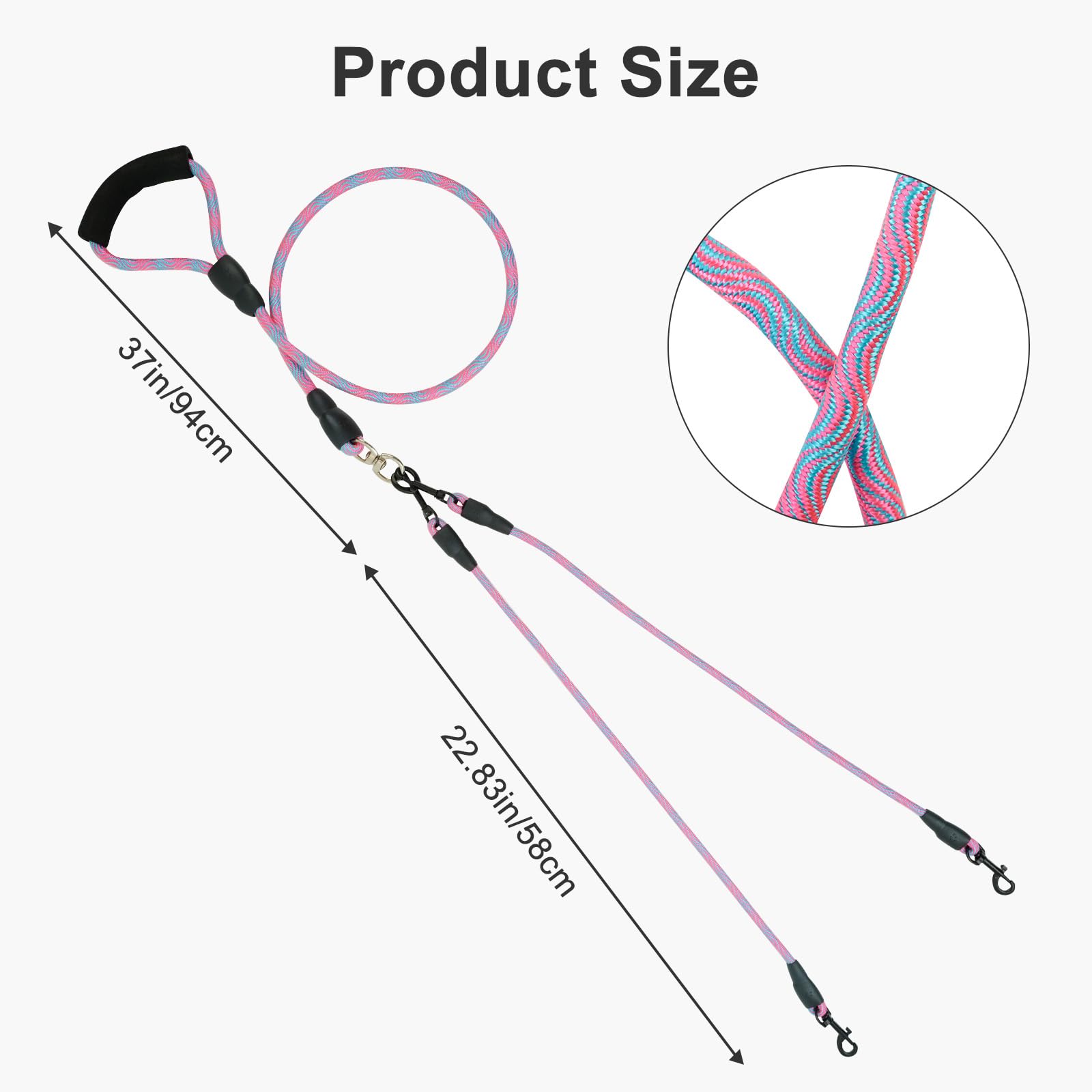 Double Dog Lead for Walking 2 Dogs No Tangle, Dual Leash Splitter with Double Ended Clips, Suitable Pet Lead for Small Breeds around 8 KG, Perfect for Training & Outdoor WalksPink, Diameter 1cm - Image 2