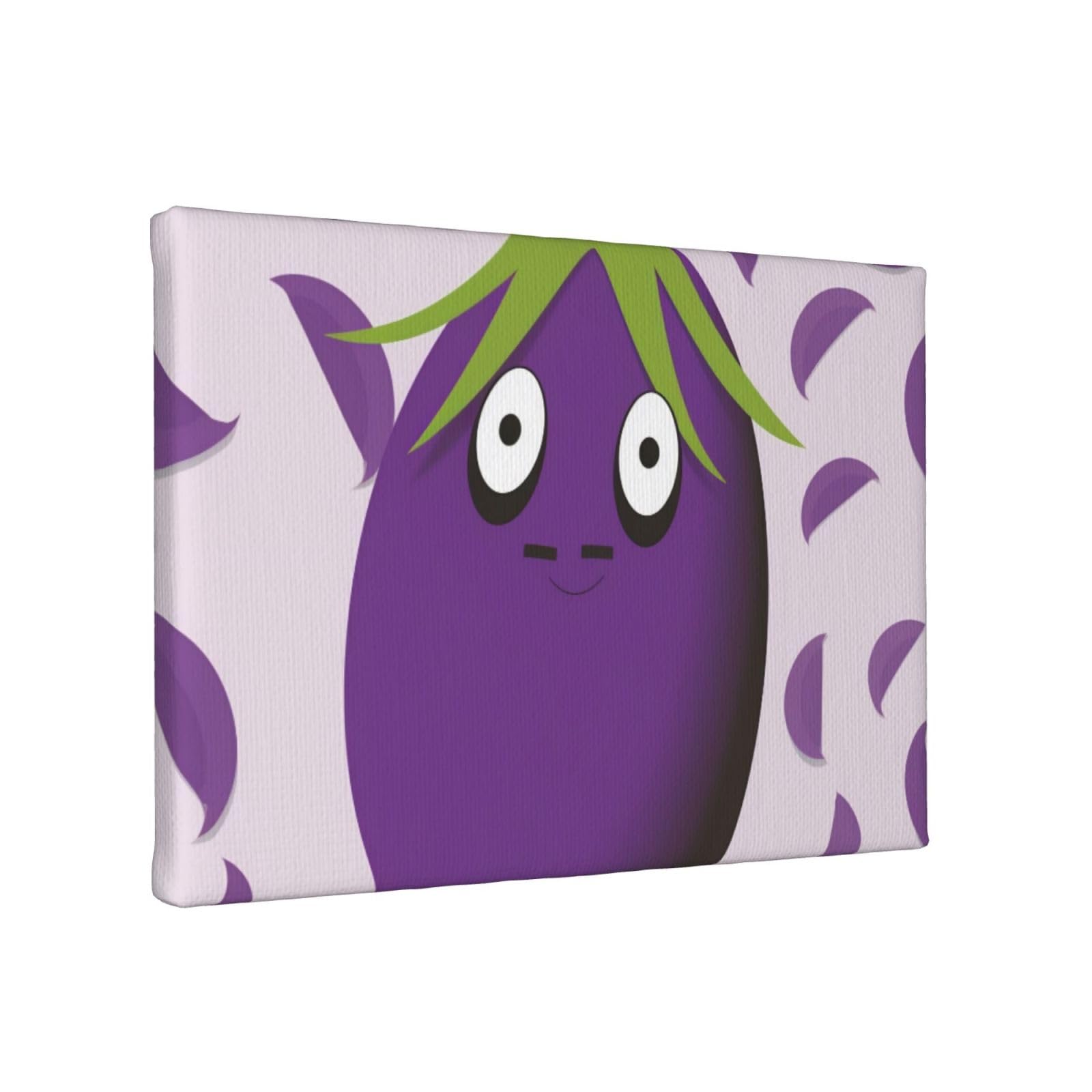YKLJG Cartoon Eggplant Printed Wall Art Canvas Painting 30x20 CM Wooden Framed Picture Painting Artwork Prints for Bedroom Kitchen Home Office Decor