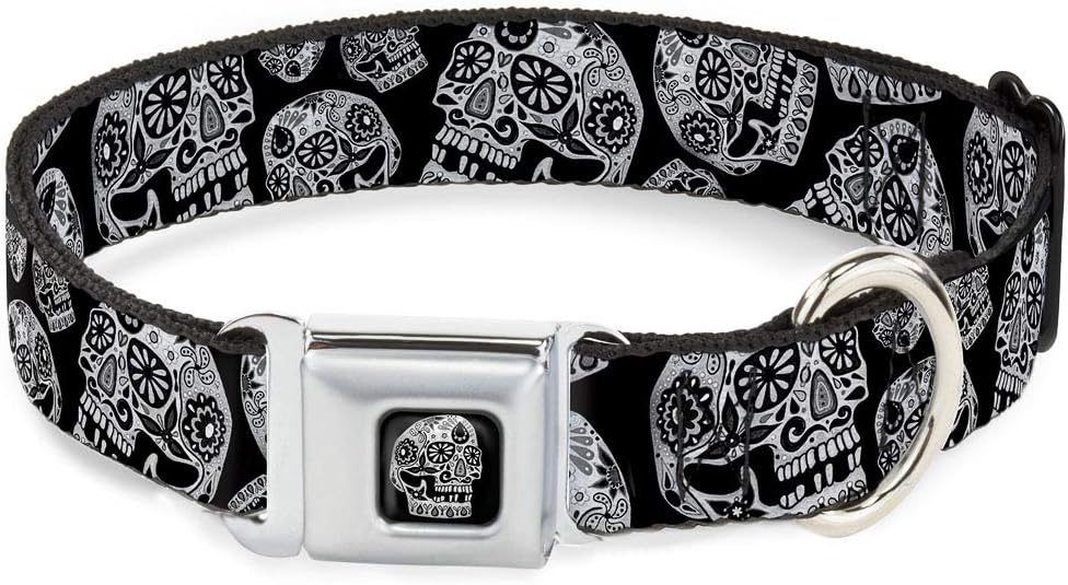 Buckle-Down Dog Collar Seatbelt Buckle The Dust of Living II Sugar Skulls Black White 13 to 18 Inches 1.5 Inch Wide