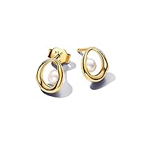 PANDORA Essence Orecchini a bottone placcati in oro 14k con perla coltivata d’acqua dolce trattata bianca, Small Circular Orecchini a bottone