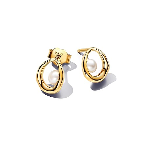 PANDORA Essence Orecchini a bottone placcati in oro 14k con perla coltivata d'acqua dolce trattata bianca, Small Circular Orecchini a bottone