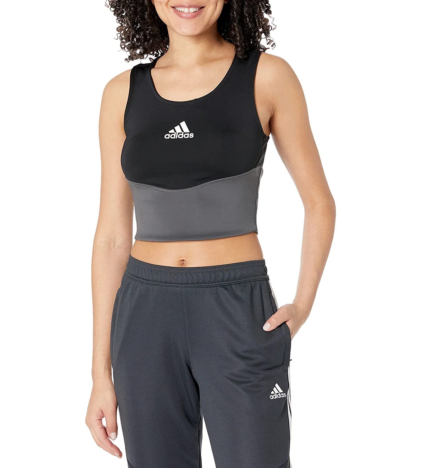 adidas Women's Colorblock 3-Stripes Crop Top, Black/Grey/White, Medium