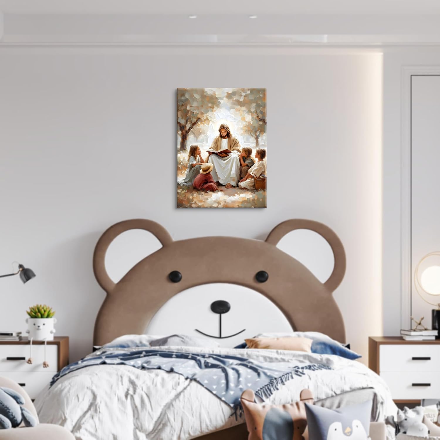 Jesus With Children Canvas Wall Art Jesus Teaching Children picture Wall Decor Religious Faith Poster print Artwork for Christian Kids Room Living Room Bedroom Home Decor 24x36in Wrapped Canvas