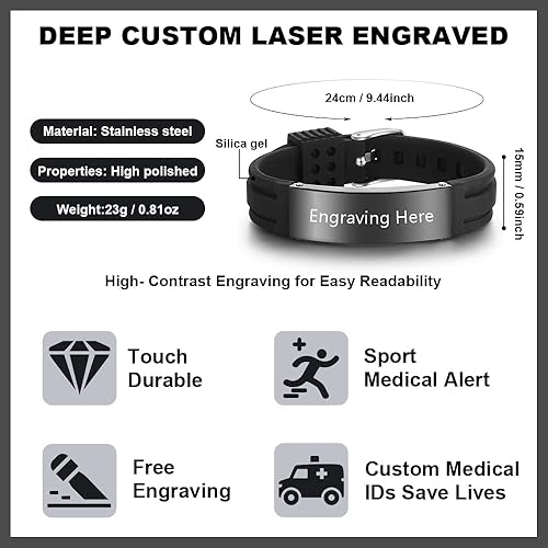 Miniatura 3 de LanM Pulseras de alerta médica para hombres, pulsera médica para mujeres, pulsera de identificación médica de silicona, tipo 1, pulsera de alerta