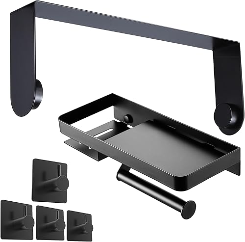 YIGII Soporte de pared para toallas de papel negro + ganchos adhesivos + soporte de papel higiénico con estante