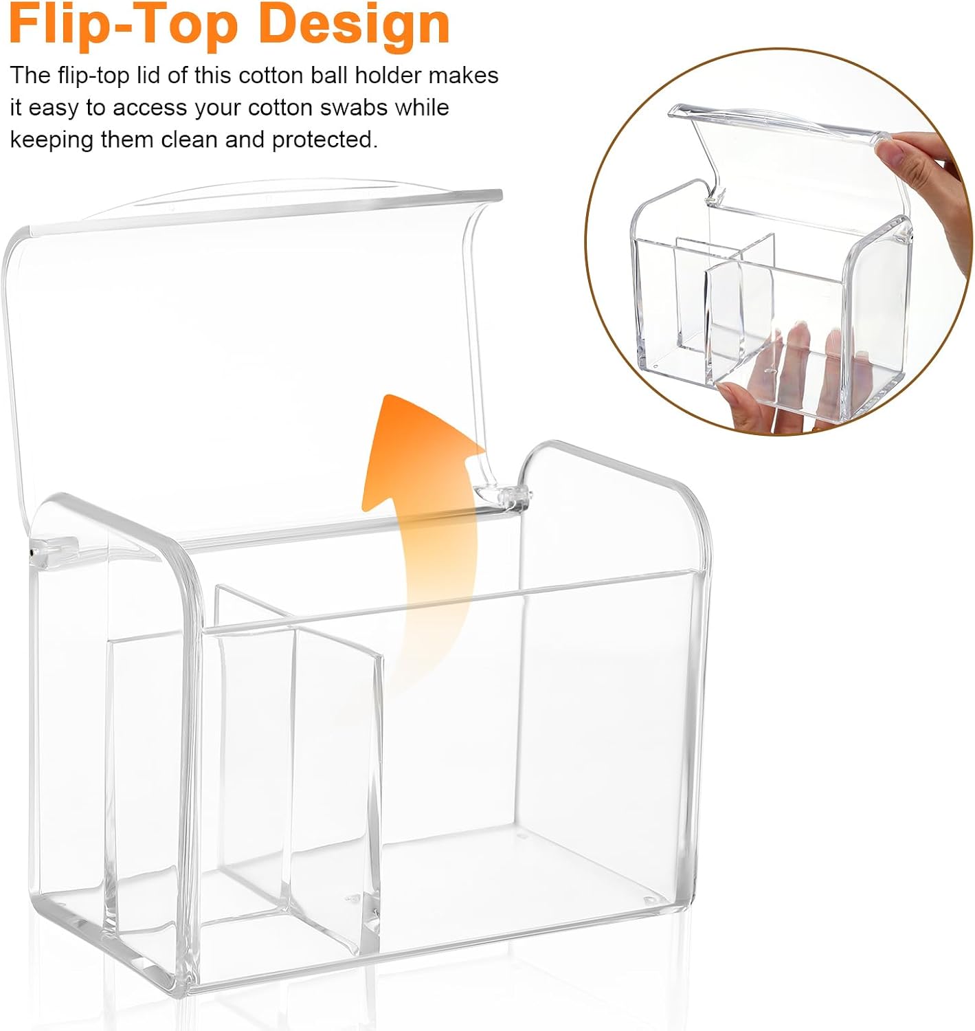 Alipis Acrylic Cotton Swab Holder with Flip-Top Lid Clear Double-Compartment Storage Barrel 5.62X4.13X3.14In for Bathroom Organization and Cotton Pad Dispenser
