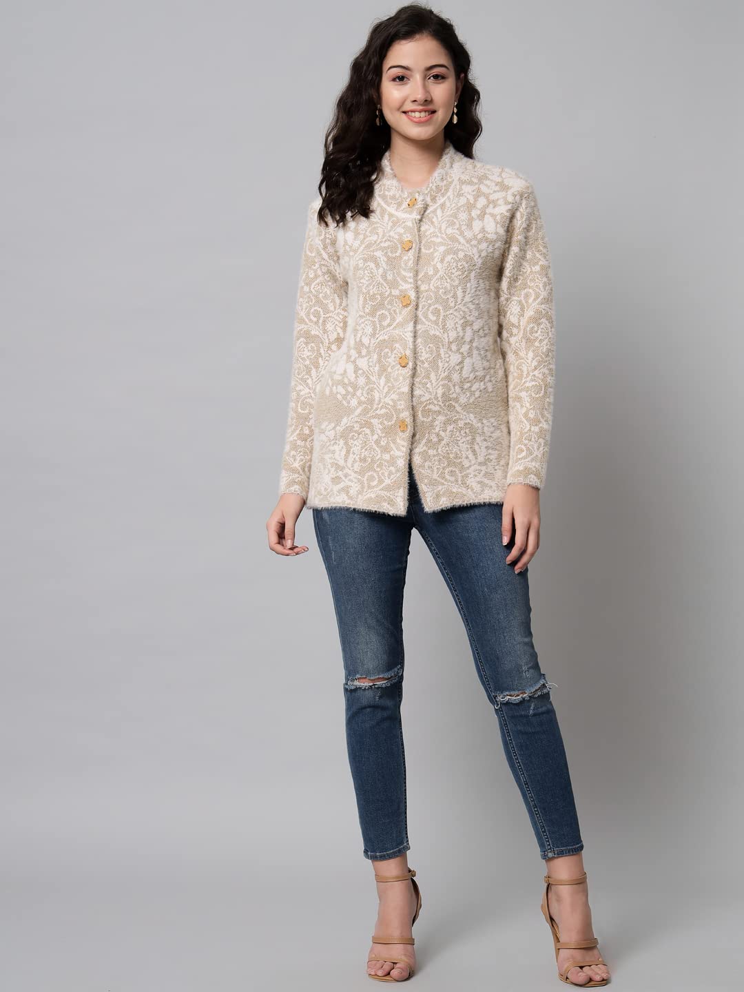 eWools Women's Wool Round Neck Cardigan (XL, Camel) - Image 7 thumbnail