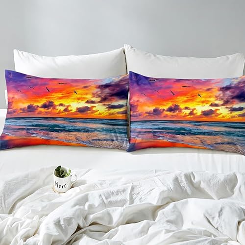 Miniatura 6 de Erosebridal Juego de sábanas bajeras de playa con diseño de océano, diseño de nubes rosas de ensueño, diseño de olas marinas de Hawaii, para niños,