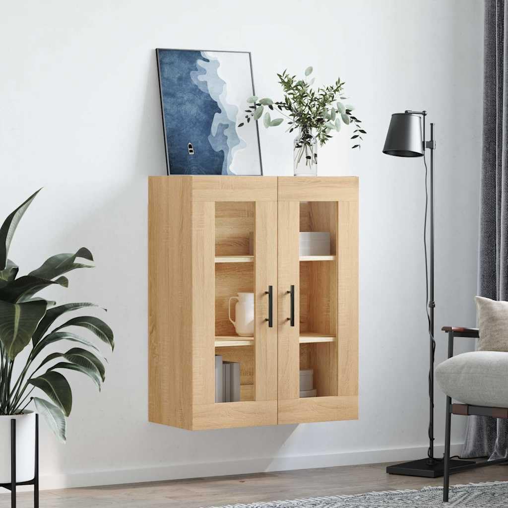 Armario de pared roble Sonoma 69,5 x 34 x 90 cm, armario colgante de madera con puertas de cristal, espacio de almacenamiento versátil para cocina, salón y oficina