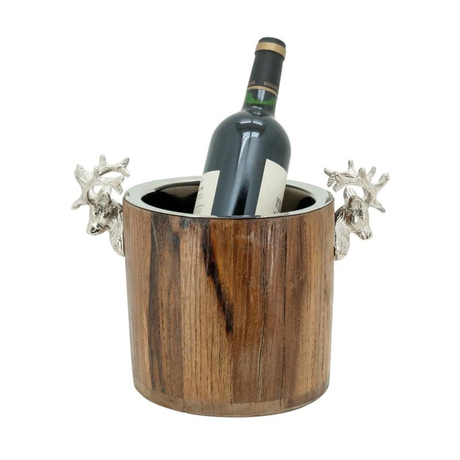 AUBRY GASPARD - Seau À Champagne Cerf en Bois Recyclé et Aluminium - Modèle Élégant avec Seau en Métal Amovible - Dimensions 28X17X20 cm - Couleur Naturelle