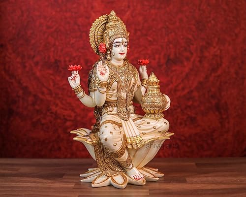 Miniatura 2 de SHIVAJIARTS Gran estatua Lakshmi, 12.2 in pintado a mano polvo mármol diosa lakshmi ídolo en loto. diosa hindú del dinero, riqueza, abundancia y