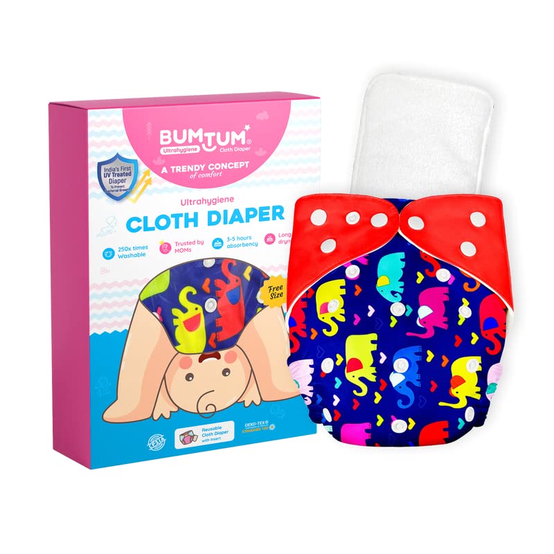 Image of Bumtum Baby Diaper | 0-3 Yrs Baby Freesize | Pack of 1, New Born Baby Diaper, Cloth Diaper, Waterproof Reusable Diaper, 5hrs Absorbency, Ultrahygiene, Washable, Cotton, Extra Soft (Blue Red Elephant)