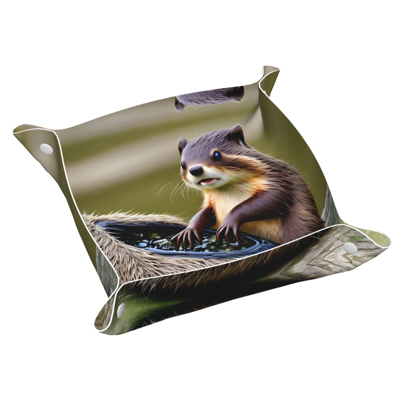 Cute Beaver Printed Leather Storage Tray Waterproof and easy to clean for neatly keys, jewelry, makeup and other small items Small 9.8X9.8 in