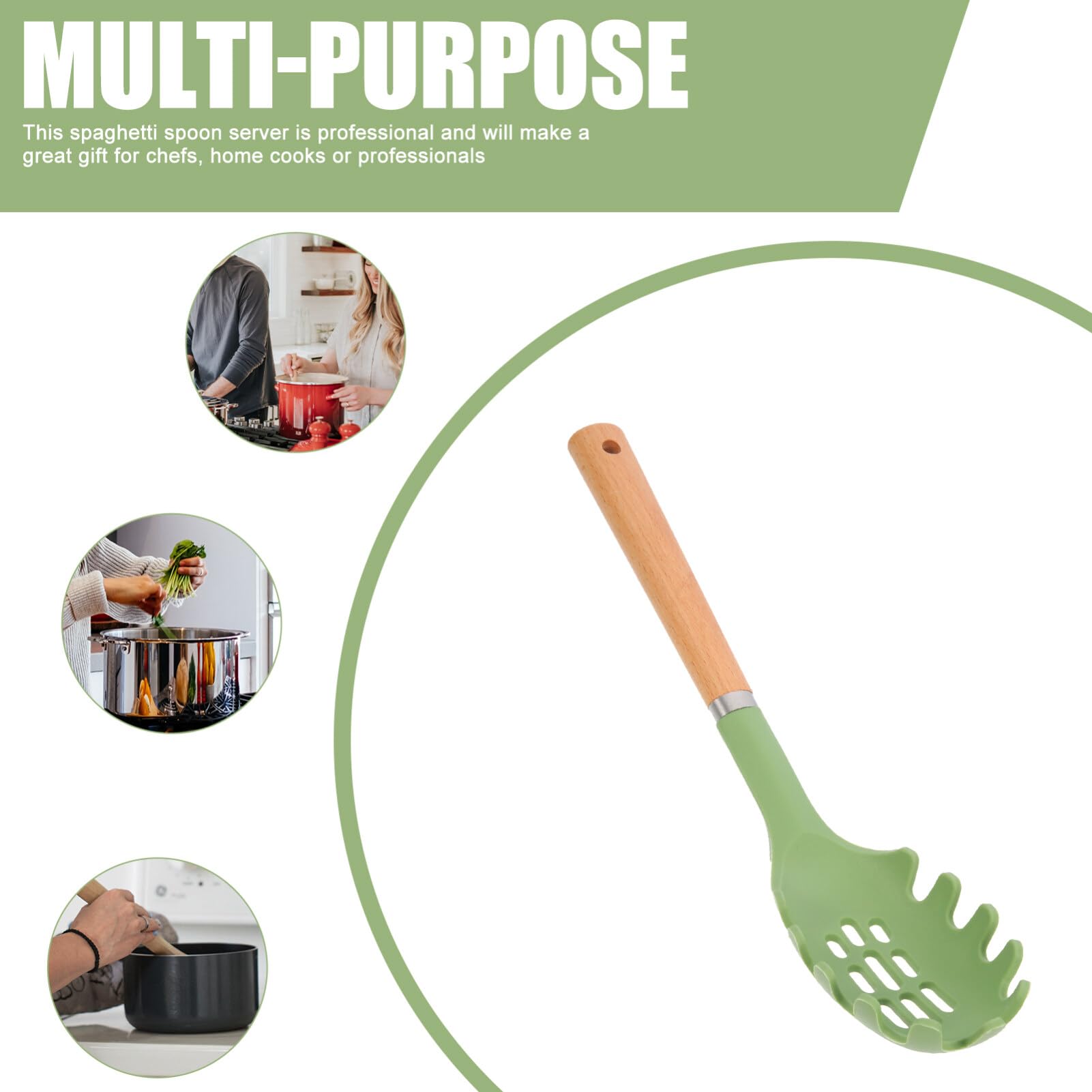 Kichvoe Cucchiaio per spaghetti, in silicone, con manico in legno, per spaghetti, mestolo, per cucina, casa, ristorante