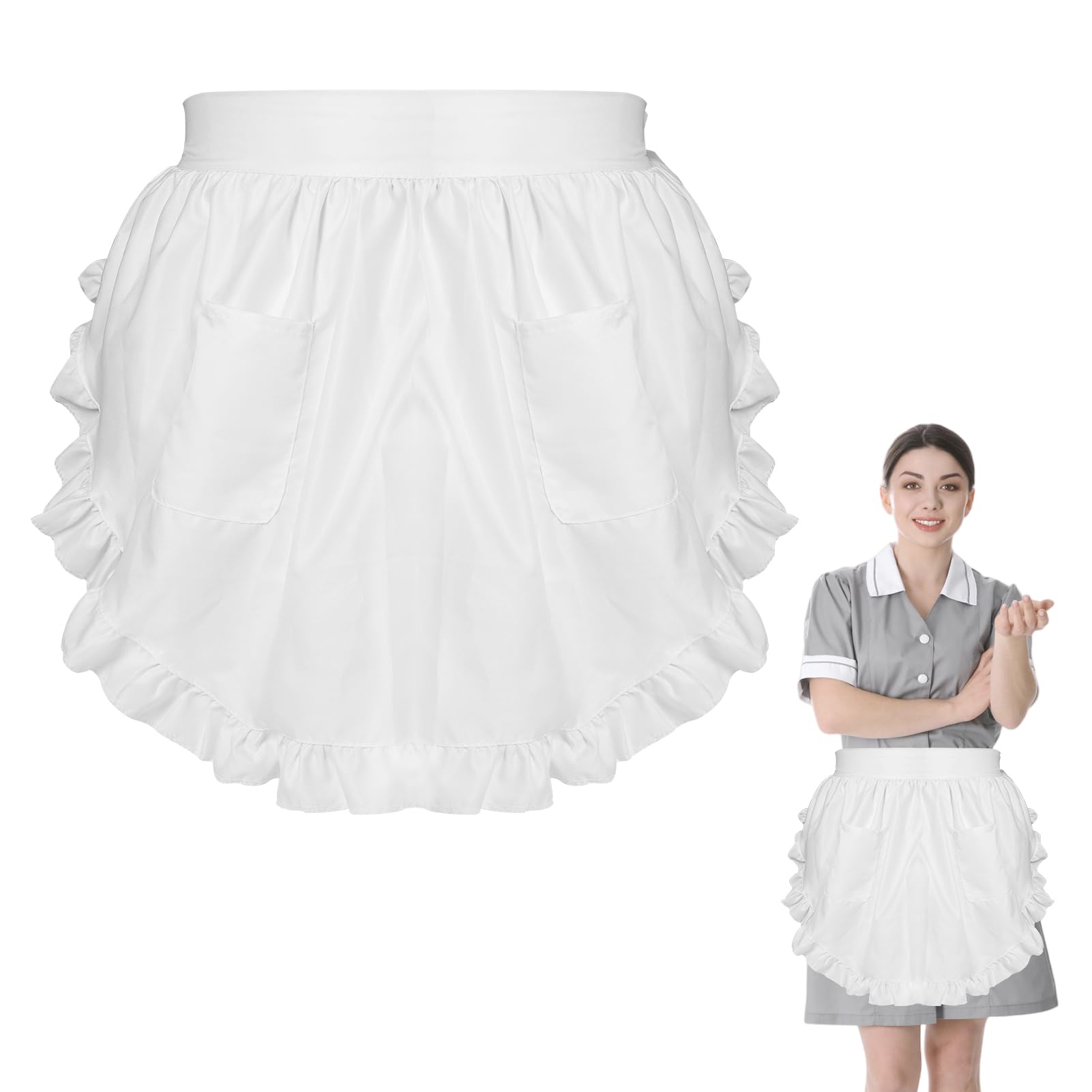 QTMMC Half White Apron 2 Pockets Frilly Waitress Apron for Women Ruffle Maid Apron Cosplay Waist Victorian Apron for Kitchen Cooking Restaurant Coffee Shop Party Costumes Dress Accessory
