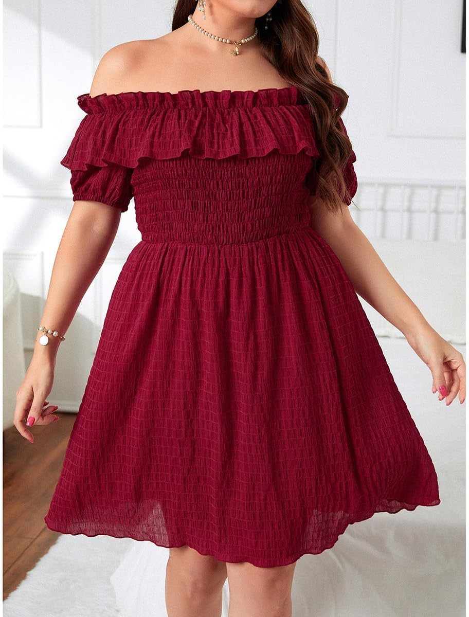 Boho Dress for Women Off Shoulder Plus Size, Ruffle Smocked High Waist Knee Length Summer Dress