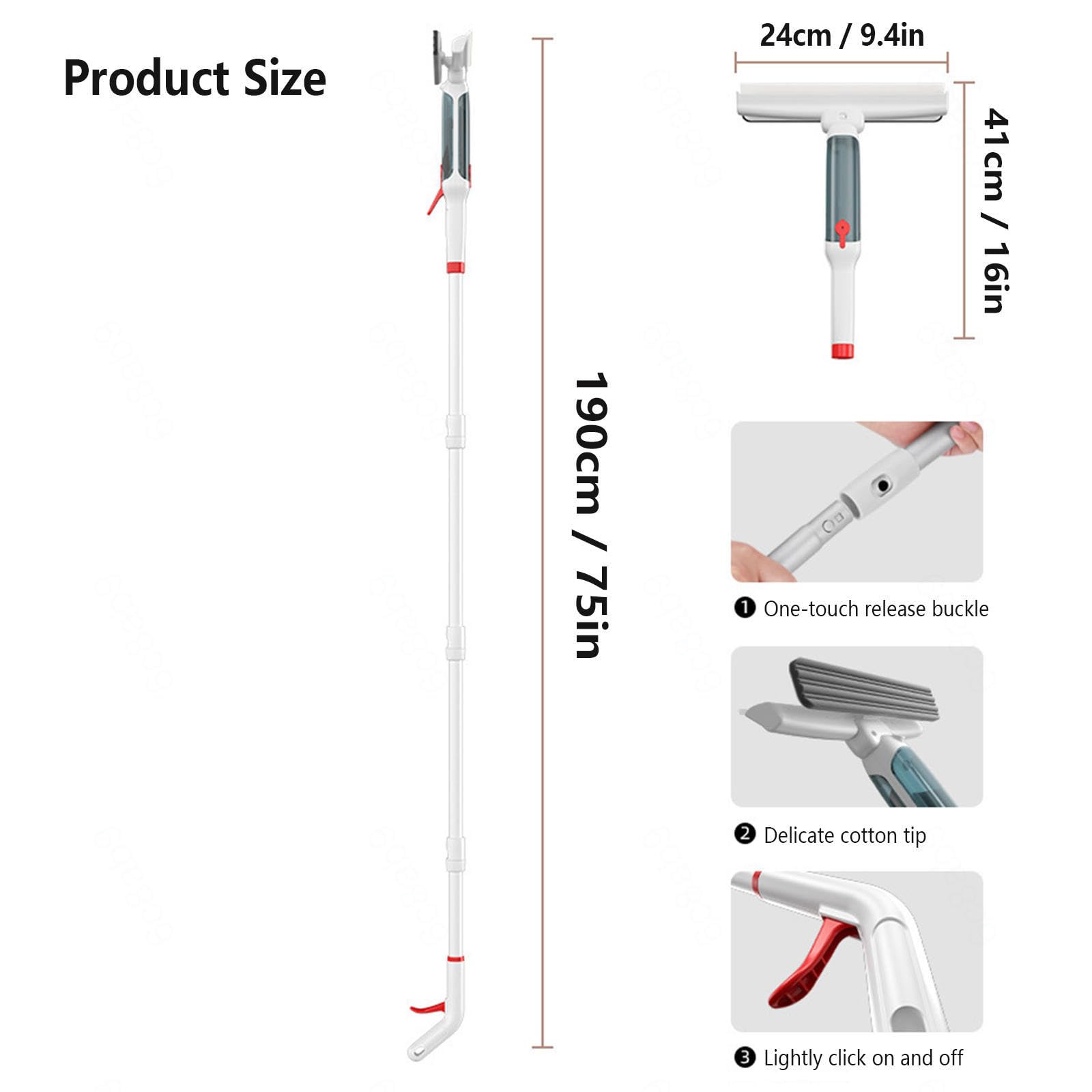 Kit per la pulizia delle finestre spray da 190 cm con asta di estensione a 4 sezioni, lavavetri 4 in 1, kit per lavaggio finestre senza fili, con collettore per acque reflue e 5 tamponi