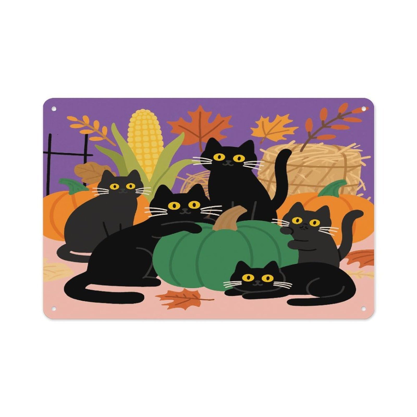 VstaDank Black Cat Halloween Pumpkin Wall Art Prints Metal Sign Decor Painting Aluminum Wall Hanging Decor Vintage Poster Sublimation Picture Panel Weatherproof Art Decorative Wall Decors