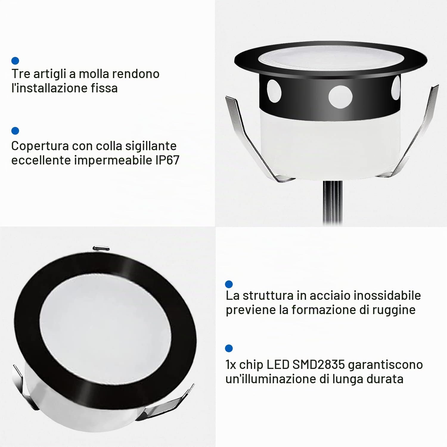 Faretti LED illuminanti, da incasso per esterni IP67, in acciaio inox, colore: nero, per terrazzo, legno, soffitto 0,6 W, DC12 V, luce spot LED lampada esterna [ (blu, 10 kit)