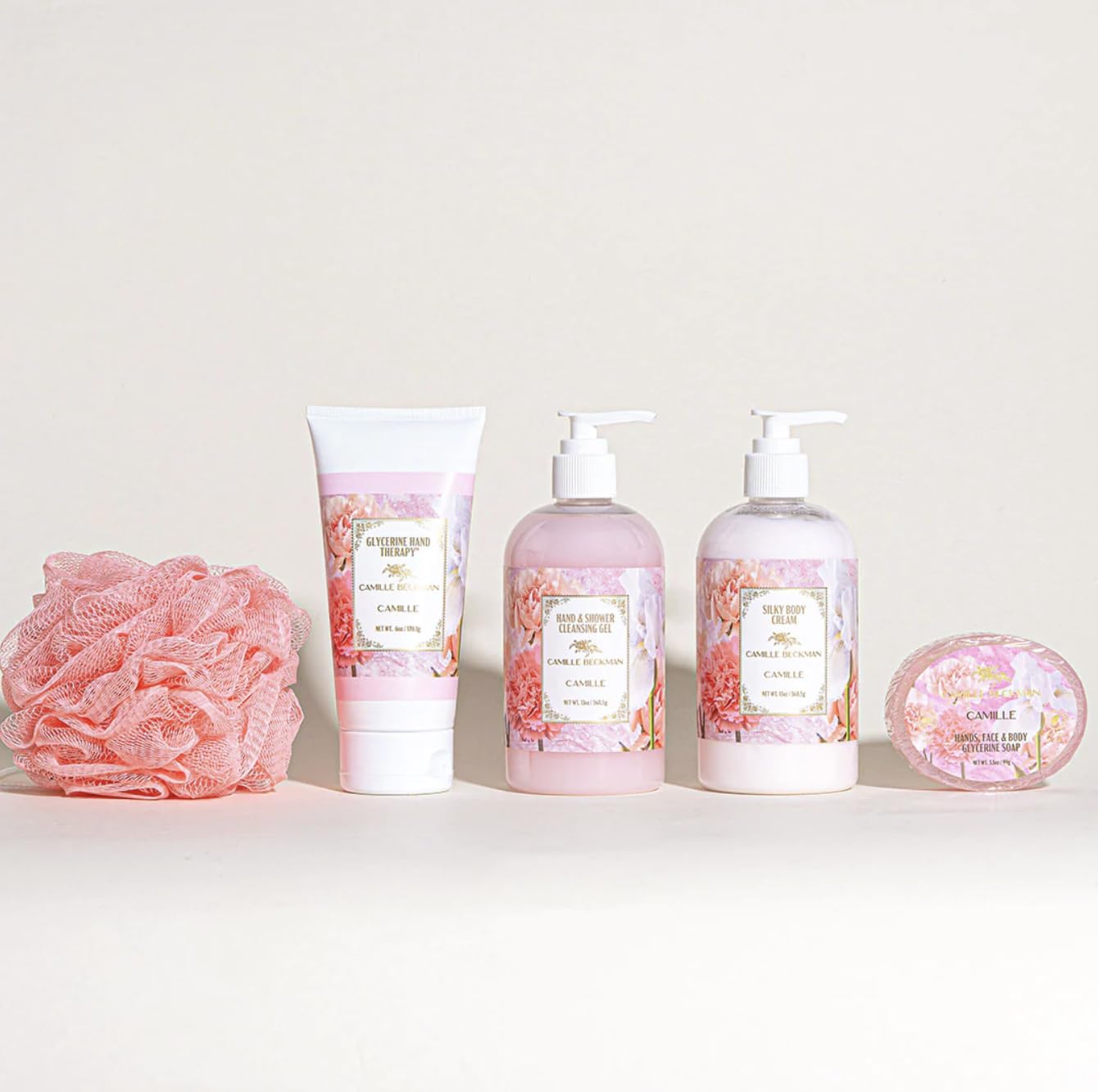 Camille Beckman Essentials Gift Basket, Camille, Glycerine Hand Therapy 6 oz, Silky Body Cream 13 oz, Hand and Shower Cleansing Gel 13 oz, Glycerine Soap 3.5 oz, Bath Body Net, and Gift Basket - Image 2